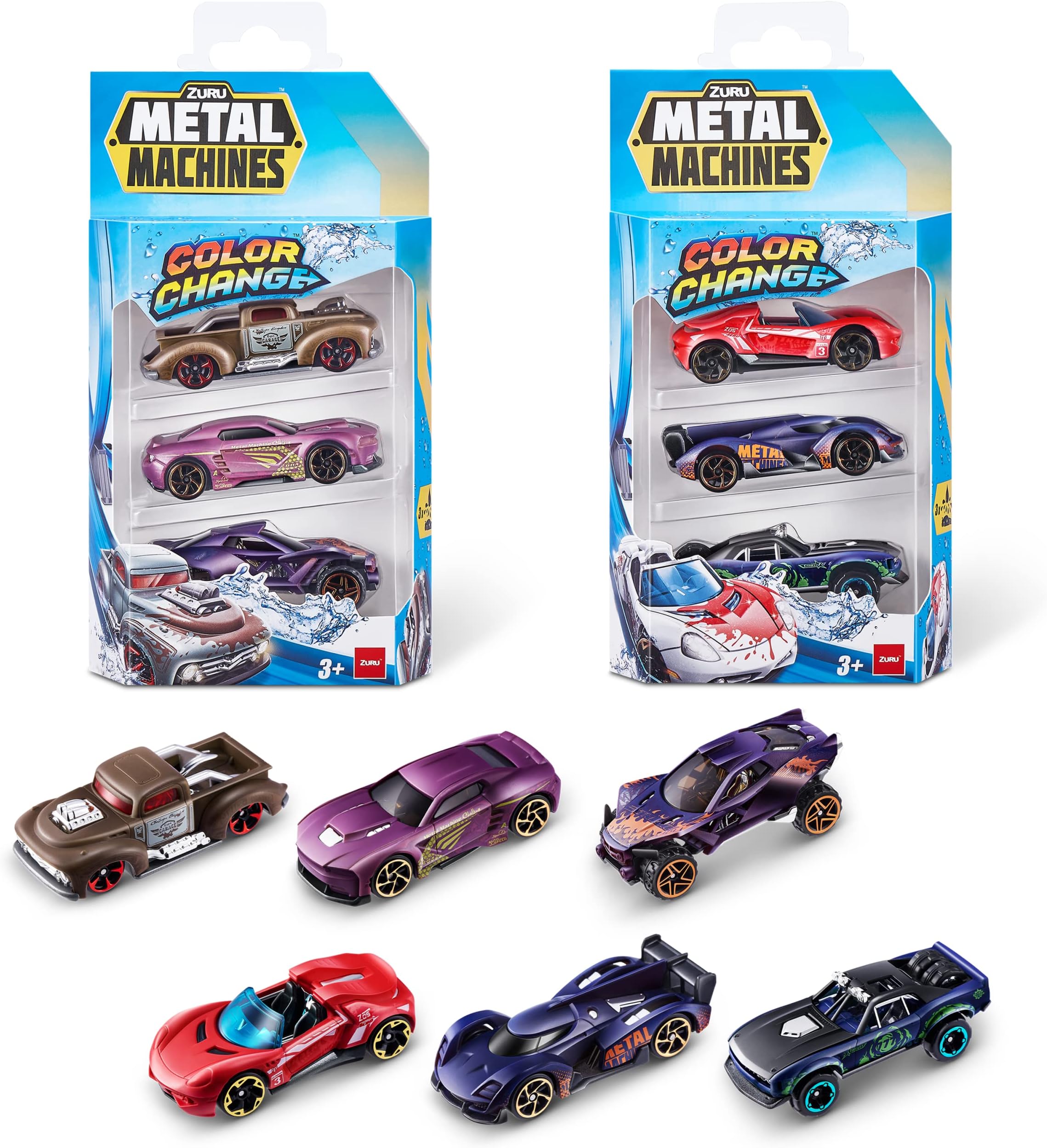 Metal Machines Color Change Car Series 4, Collectible Race Car Toys, Die-Cast Cars, (6 Pack), Styles May Vary, Mailer Box