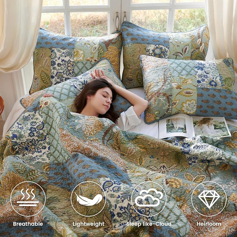 Secgo Queen Comforter Set for Bed - 100% Cotton Quilts Queen Size, Green, Sage Bedspreads (90 * 98 Inch) with 2 Pillow Shams, Patchwork Reversible Lightweight Bedding image 3