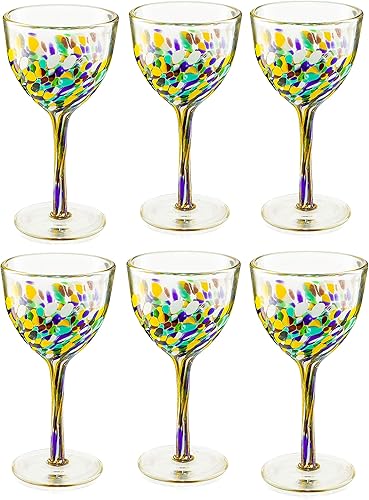 Copas de vino de vidrio reciclado, juego de 6 unidades, sopladas a mano de lujo para vino y agua (8 onzas cada una) - Copas de confeti de Cinco de