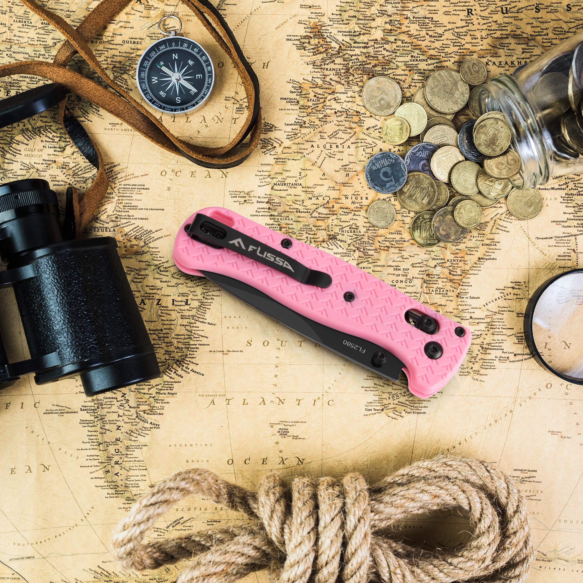 FLISSA Navaja Plegable EDC de 190mm, Navaja de Bolsillo de Acero 14C28N con Recubrimiento de Titanio Negro, Cuchillo Plegable Ligero y Compacto para Camping, Senderismo, Aventura y Viaje, Rosa