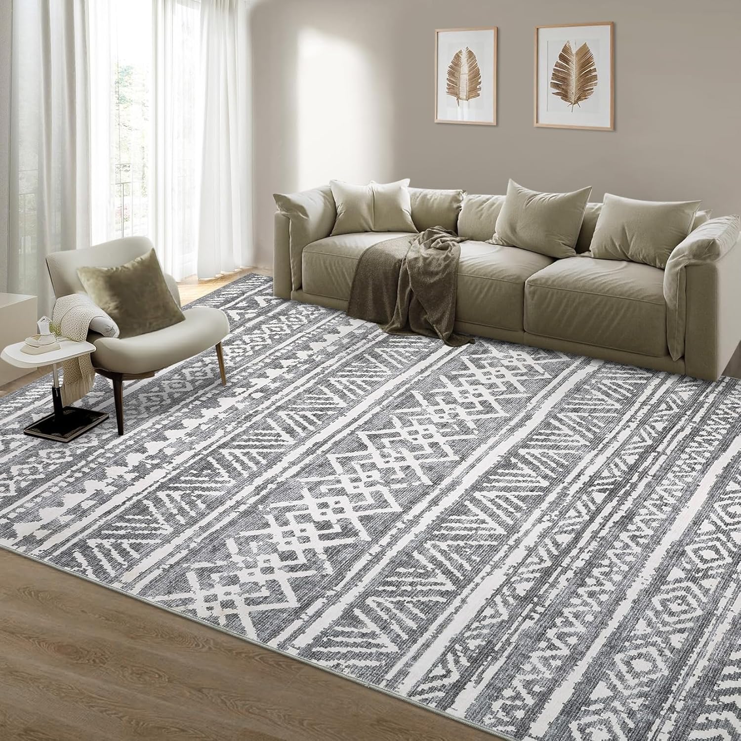 GarveeHome Area Rugs 5x7 Farmhouse Accent Carpet with Non-Slip Backing, Machine Washable Non-Shedding Soft Low Pile Indoor Carpet, Distressed Throw Rugs for Bedroom, Office, Gray