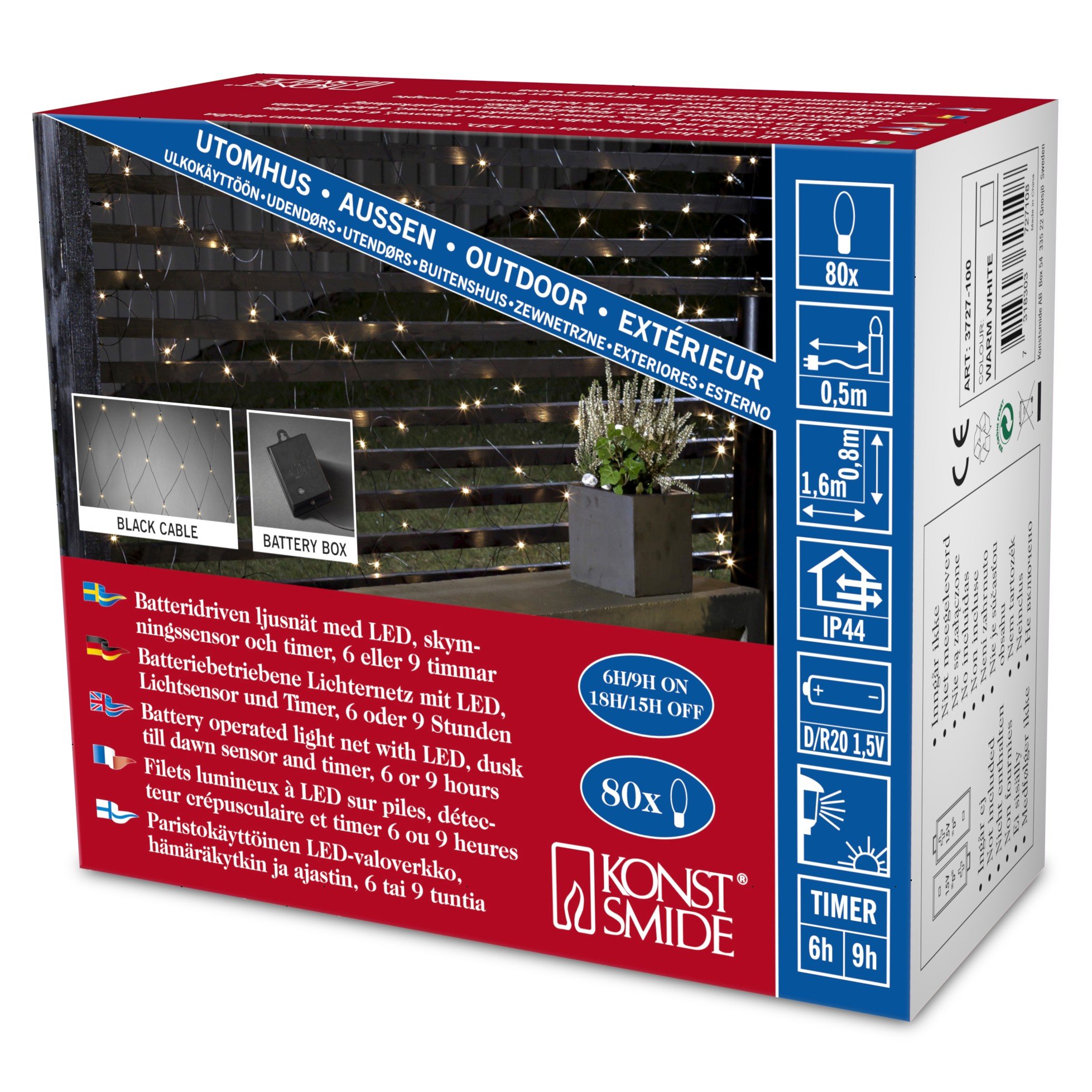 Konstsmide 3727-100 LED Lichternetz / für Außen (IP44) / Batteriebetrieben: 2xD 1.5V (exkl.) / mit Lichtsensor und 6h u. 9h Timer / 80 warm weiße Dioden / schwarzes Kabel