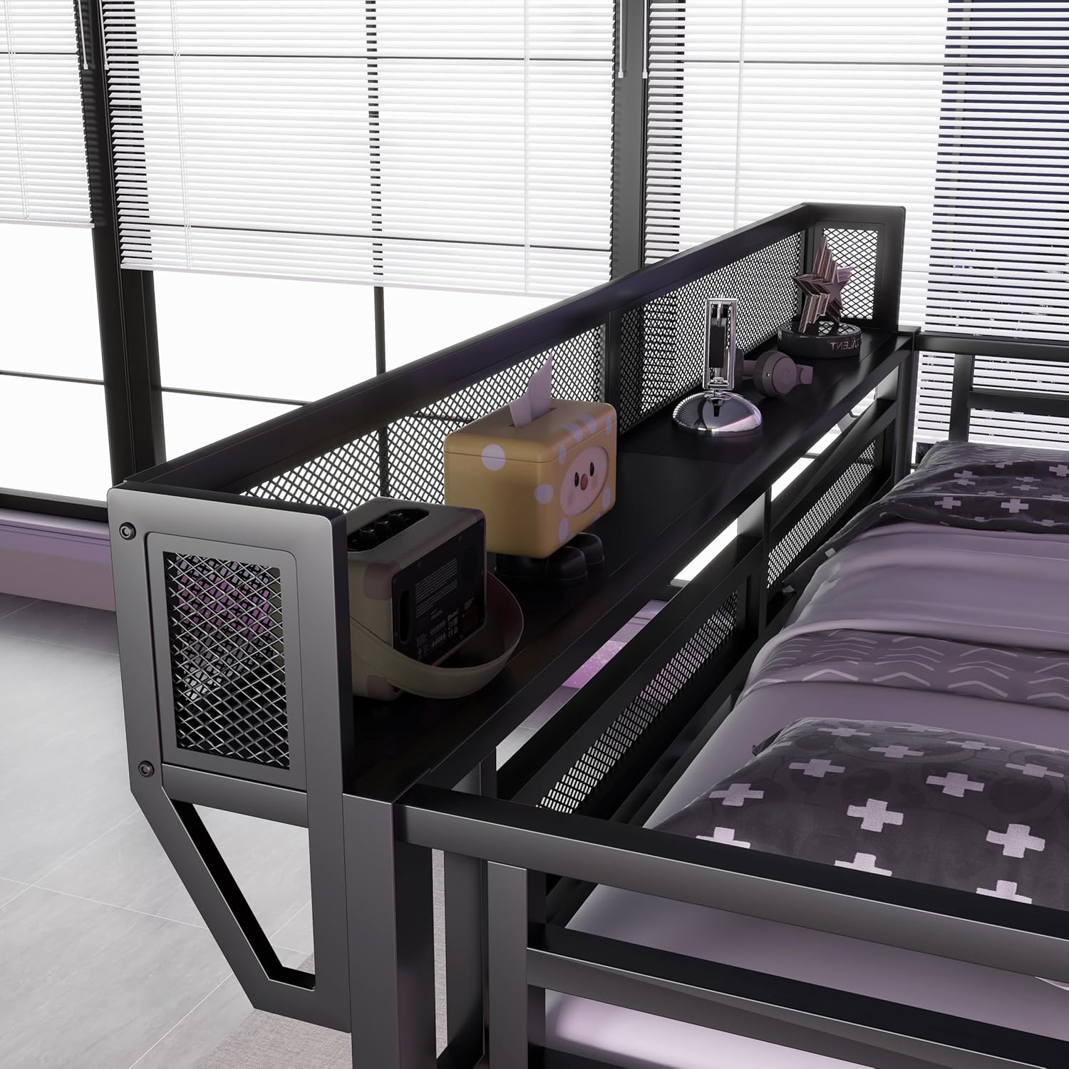 KEIKI Full Size Metal Loft Bed Frame with Desk, Staircase, Built-in Storage Shelves and Wardrobe, Modern Loft Bed with Solid Slats, Guardrail, No Box Spring Required, Easy Assembly, for Bedroom, Black