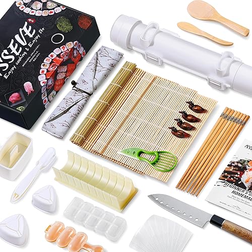 ISSEVE Kit de fabricación de sushi, 25 en 1 para hacer bazucas de sushi con moldes de sushi, alfombrilla de bambú, palillos de bambú, cuchillo de