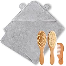 Natemia Premium Wooden Baby Hair Brush and Comb Set with Organic Hooded Baby Bath Towel - Ultra Soft Cloud Touch Cotton - Absorbent Hooded Bath Towel for Newborns, Babies, and Toddlers - Grey
