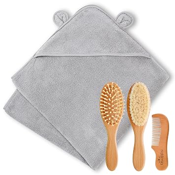 Natemia Premium Wooden Baby Hair Brush and Comb Set with Organic Hooded Baby Bath Towel - Ultra Soft Cloud Touch Cotton - Absorbent Hooded Bath Towel for Newborns, Babies, and Toddlers - Grey