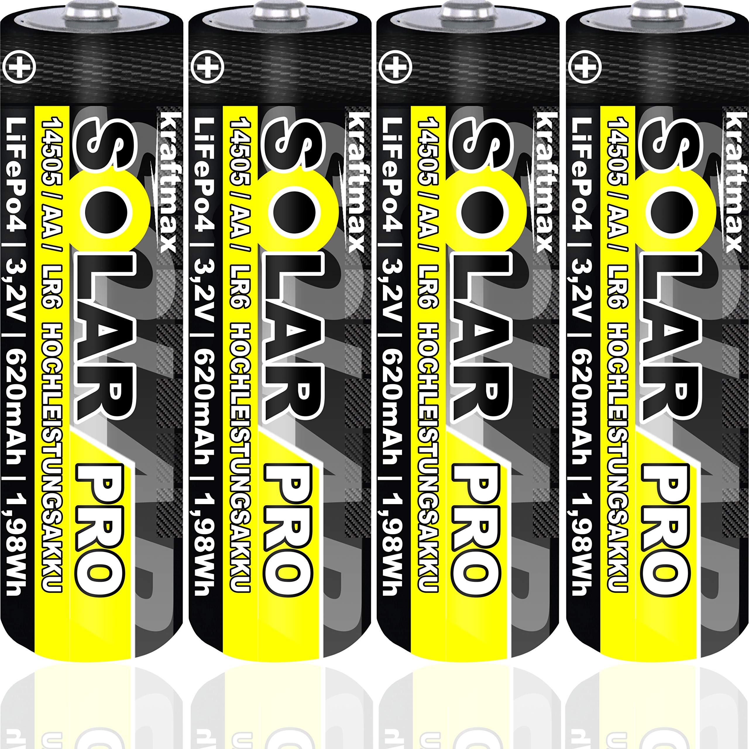 4 er Pack SOLAR pro Mignon AA Akkus - wiederaufladbare Batterien - 3,2V / 1,92Wh / 14505 - LiFePo4 Hochleistungs- Akku Batterie speziell für Solarlampen | Solar Lichterkette | Solarleuchte | Leuchte