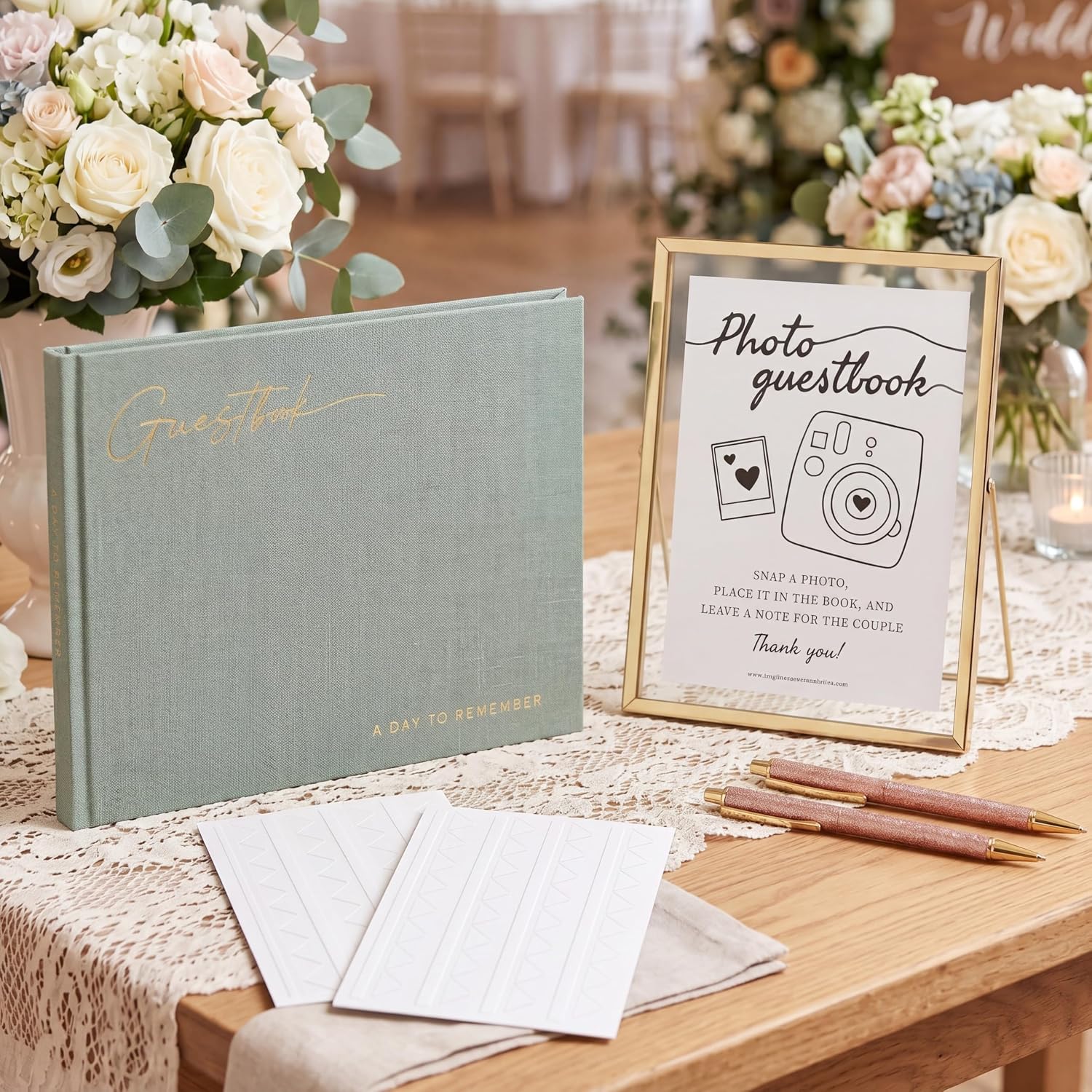 6 Pcs 9x7 Sage Green Wedding Photo Guest Book Set Wedding Guestbook with Corner Sticker Gold Glass Sign Rose Gold Pen for Bridal Shower Reception Anniversary Keepsake Supplies