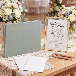 6 Pcs 9x7 Sage Green Wedding Photo Guest Book Set Wedding Guestbook with Corner Sticker Gold Glass Sign Rose Gold Pen for Bridal Shower Reception Anniversary Keepsake Supplies