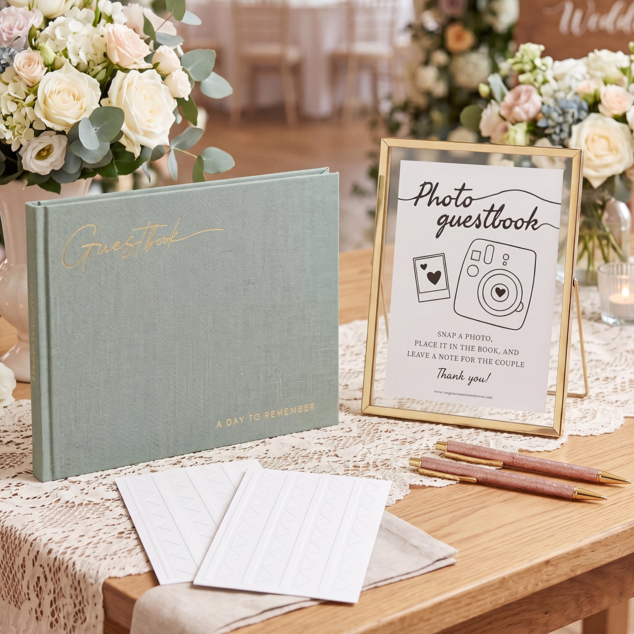 Livre d'or de mariage vert sauge lot de 6 avec stylos or rose et coins photo