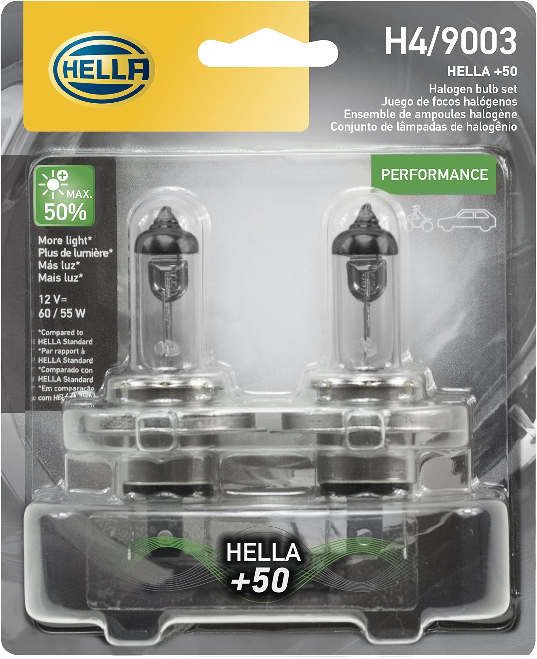 HELLA H4P50TB +50 Performance Bulb, 12V, 60/55W, 2 Count (Pack of 1)