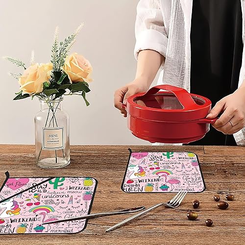 Miniatura 6 de Juego de 2 soportes para ollas de unicornio de flamenco rosa, resistentes al calor y antideslizantes, almohadillas calientes para horno de dibujo,