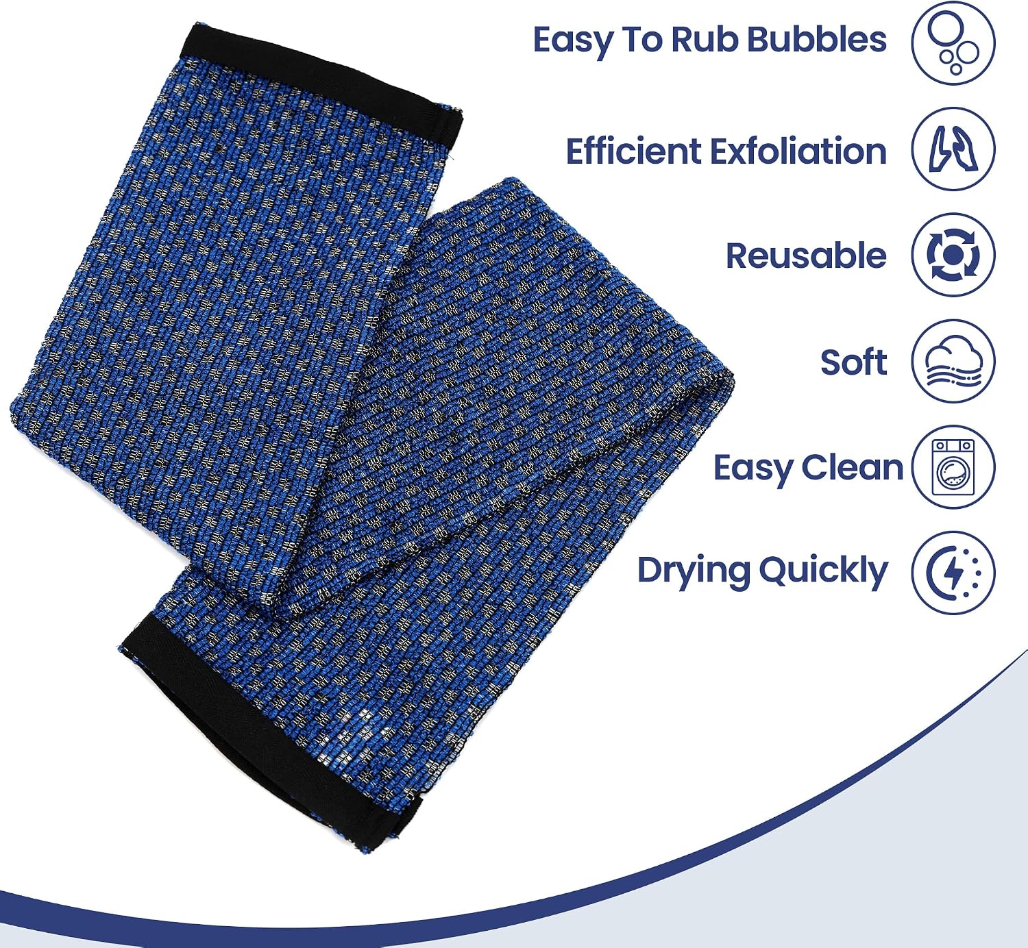 Japanese Exfoliating Loofah Back Scrubber - Shower Bath Towel for Men & Women (2 Pack Blue, 33.4" x 11.8")