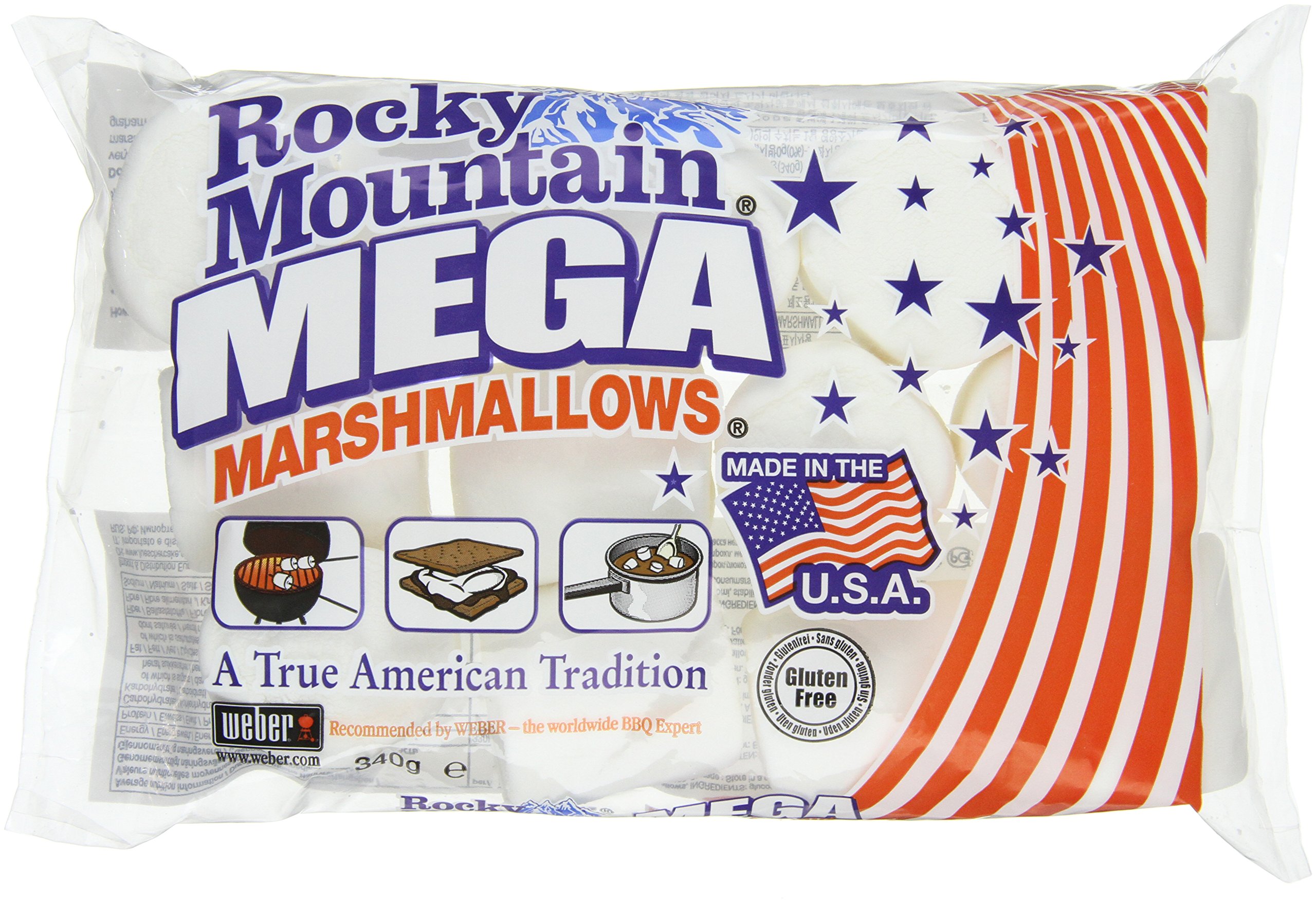 Rocky Mountain Marshmallows Mega 340g paquet de 4, bonbons américains traditionnels à rôtir sur le feu de camp, à griller ou à cuire au four, 4x340g