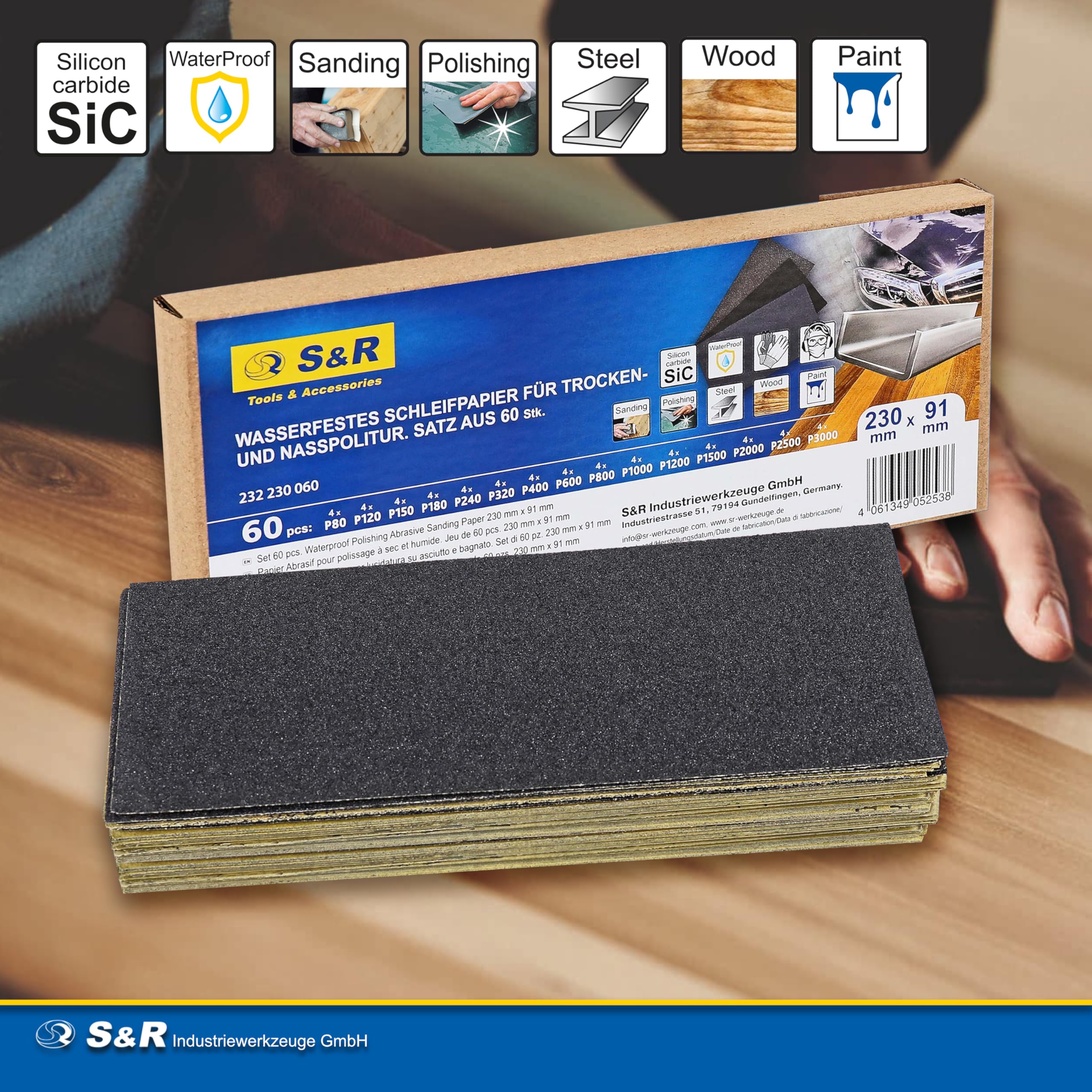 S&R 60 FOGLI Carta Vetrata Abrasiva Impermeabile x Carrozzeria Legno e Metalli 60pz. Grana: 80/120/ 150/180/ 240/320/ 400/600/ 800/1000/ 1200/1500/ 2000/2500/ 3000
