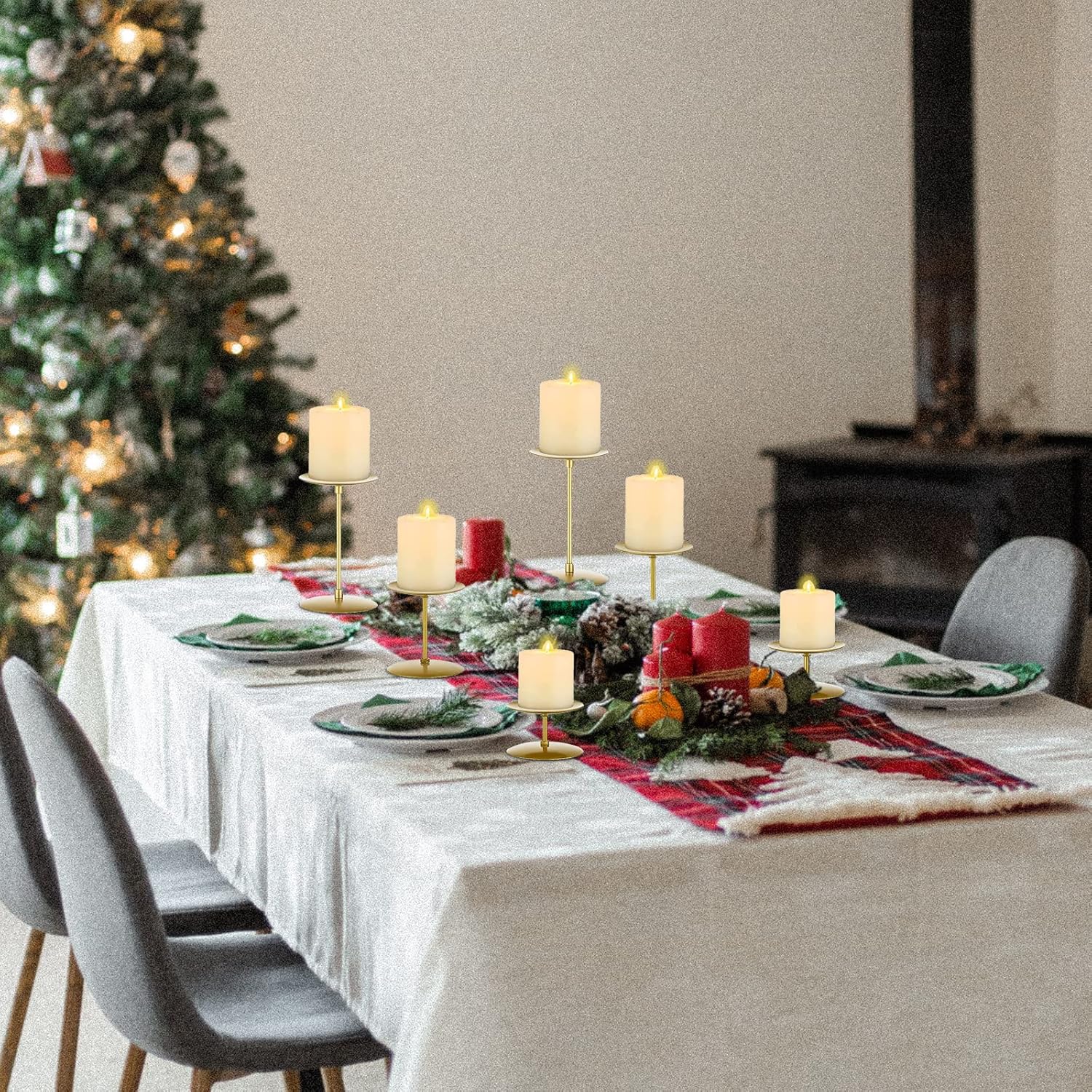 Golden Cylindrical Candle Holder Set (6 Piece Set) Metal Candle Holder Holder, Used for Table Decoration, Home Decoration, Wedding : Home & Kitchen