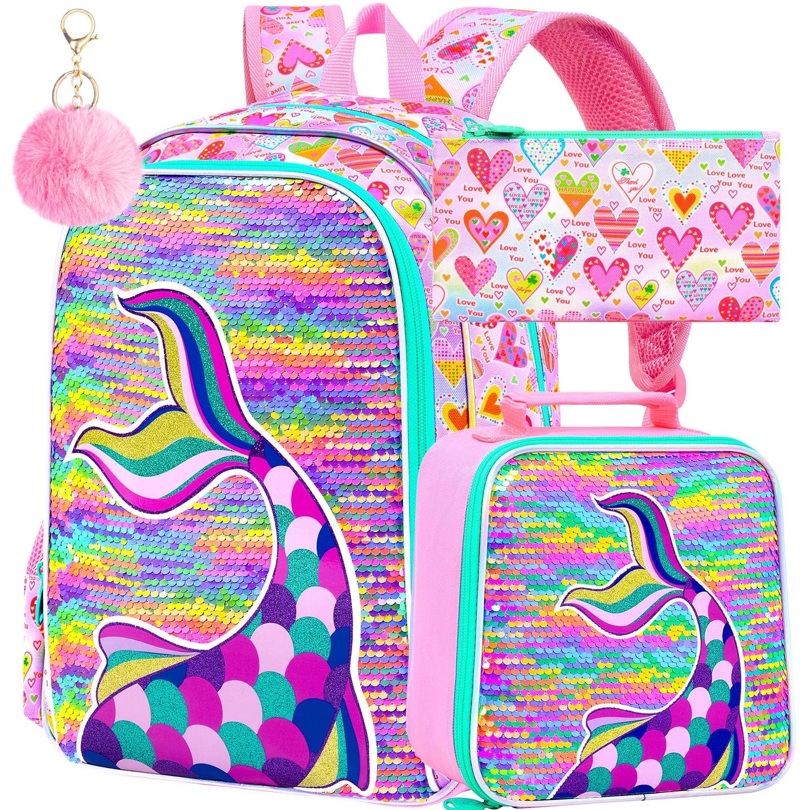 CCJPX 3Pcs Mermaid Backpack for Girls, 16” Kids Sequin Bookbag with Lunch Box, Water Resistant Elementary School Bag for Kindergarten Preschool Toddler (Rainbow)