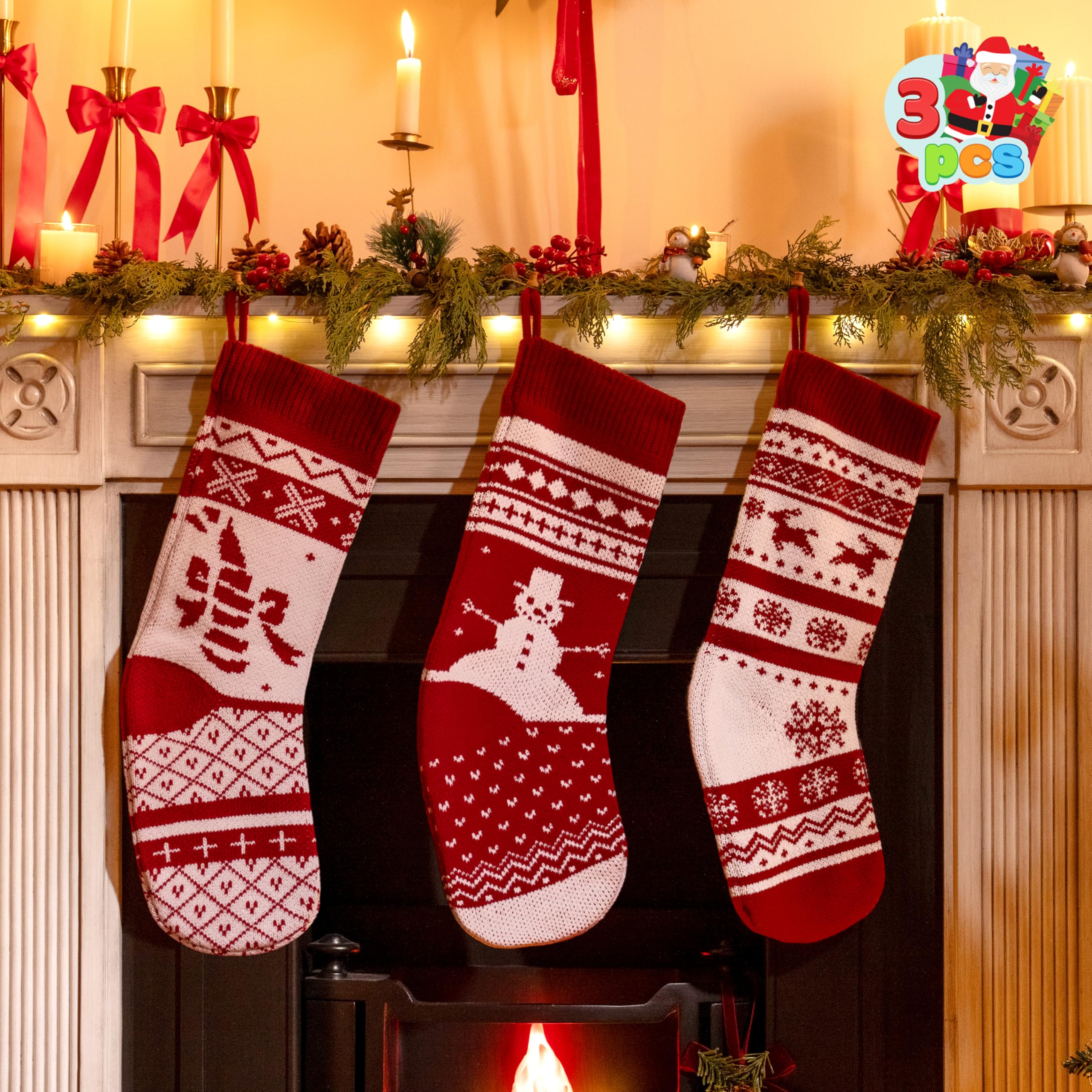 JOYIN 3er-Pack 18" gestrickte Weihnachtsstrümpfe, große Weihnachtsstrümpfe aus rustikalem Garn für die Weihnachtsdekoration der Familie