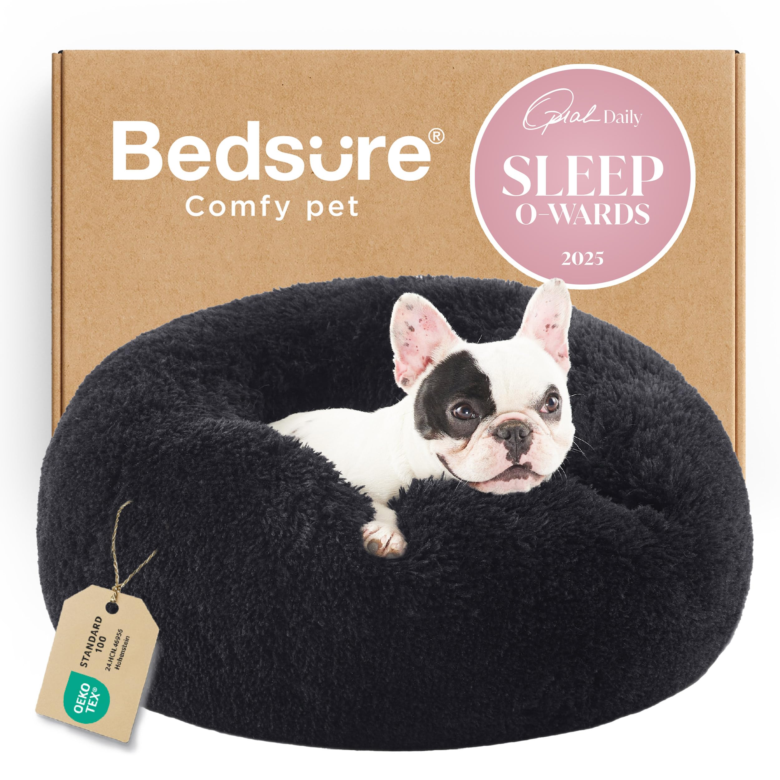 Photo 1 of Bedsure Calming Dog Bed for Small Dogs - Donut Washable Small Pet Bed, 23 inches Anti-Slip Round Fluffy Plush Faux Fur Large Cat Bed, Fits up to 25 lbs Pets, Black