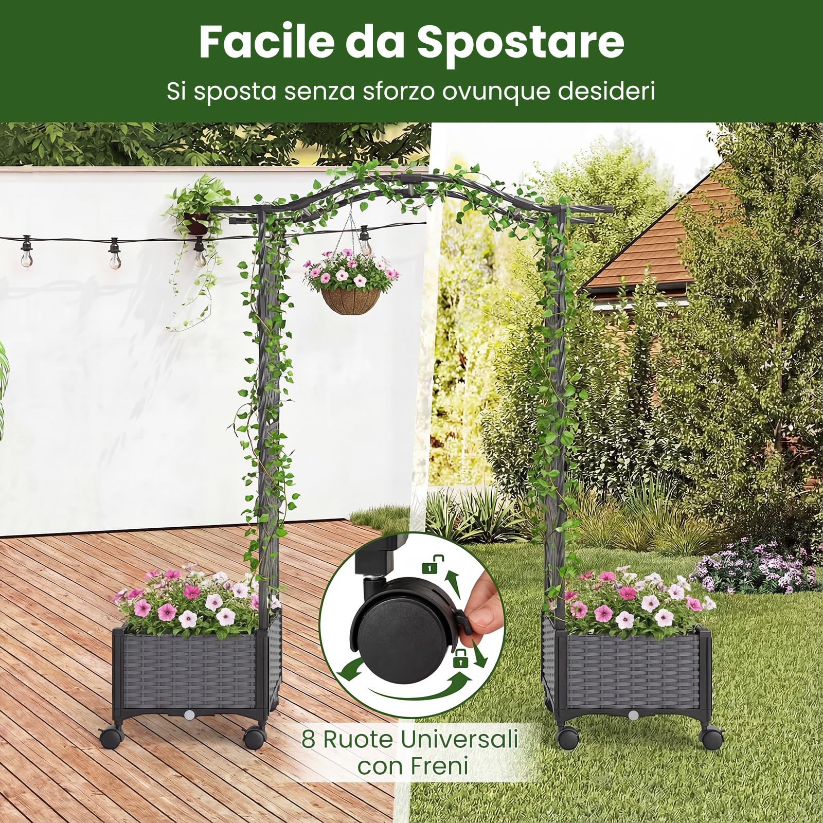 RELAX4LIFE Arco da Giardino con 2 Fioriere, Sistema Auto-Irrigazione, Ruote con Freni e Traliccio Rampicante, Struttura in Acciaio Rivestito per Orto, Fiori (Cupola (Grigio))