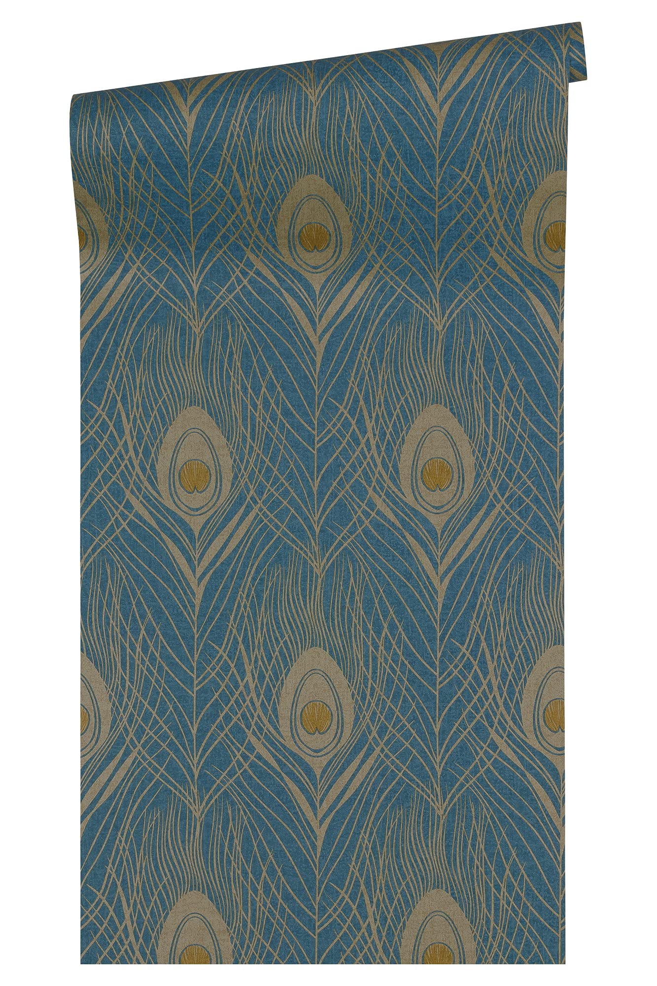 B&Q -  Absolutely Chic Blue Yellow Metallic Peacock Feather Motif Smooth Wallpaper