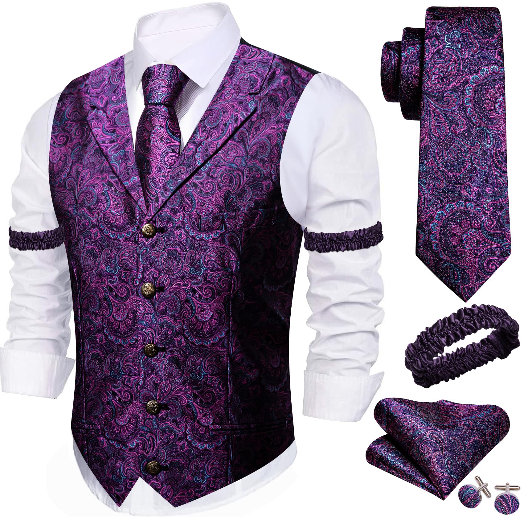 Barry.Wang Mens Silk Paisley/Floral Suit Vest Tie Sleeve Holder Set 5PCS