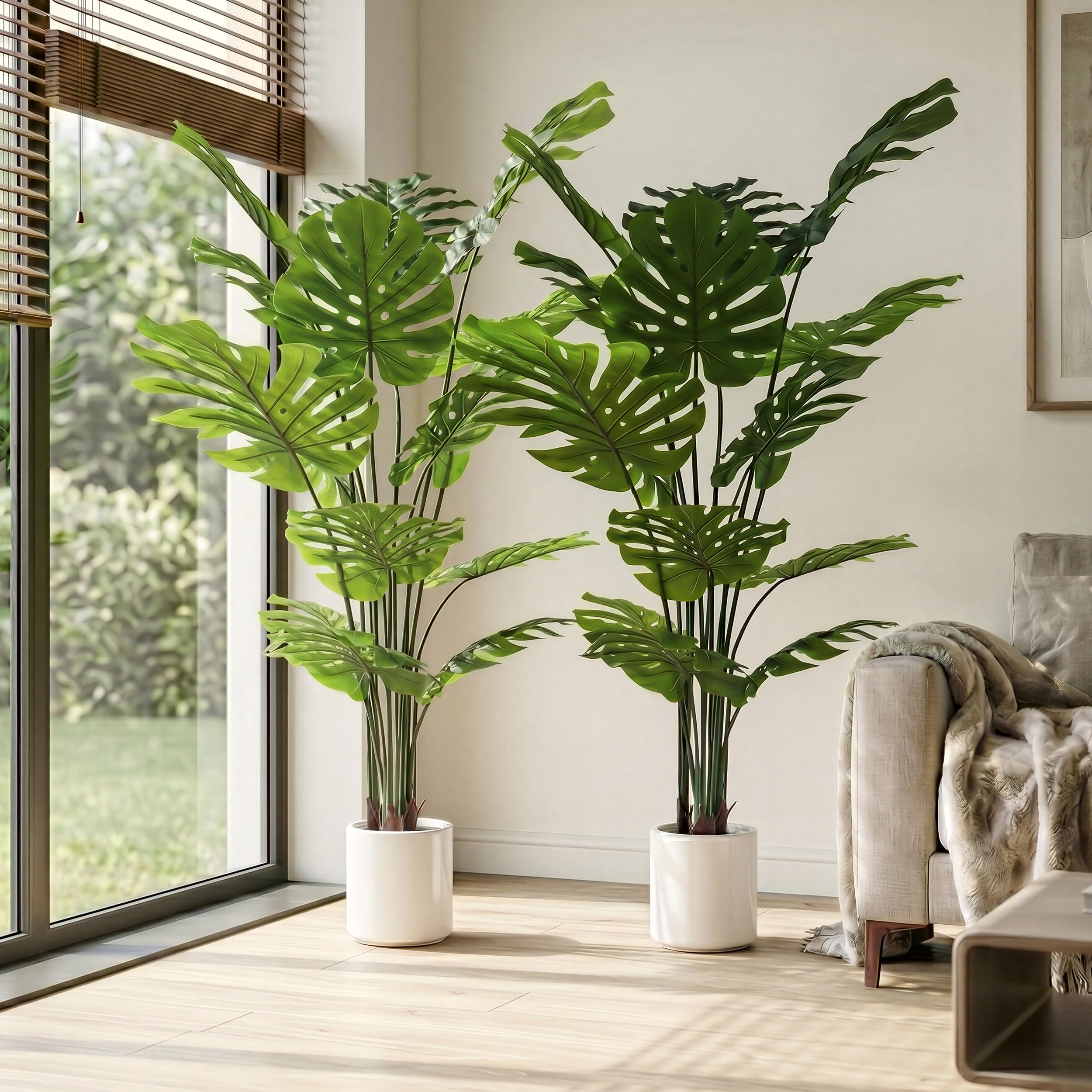 BEAUTYPEAK 140cm Monstera Künstliche Pflanze Wie Echt mit Weißem Topf | Kunstpflanze in Dichtes Laubwerk, Biegbare Blätter, Zimmerpflanze Deko für Wohnzimmer, Balkon,Büro,Flur, 2 Stück Fake Plants