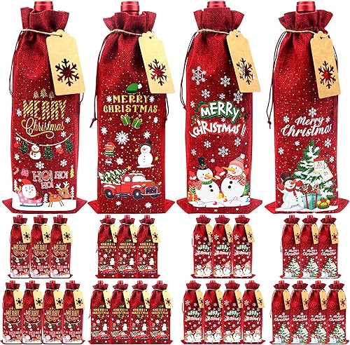 32 bolsas de arpillera para vino, bolsas de regalo de vino de Navidad, bolsas para botellas de vino con cordón y cuerda de etiqueta, fundas