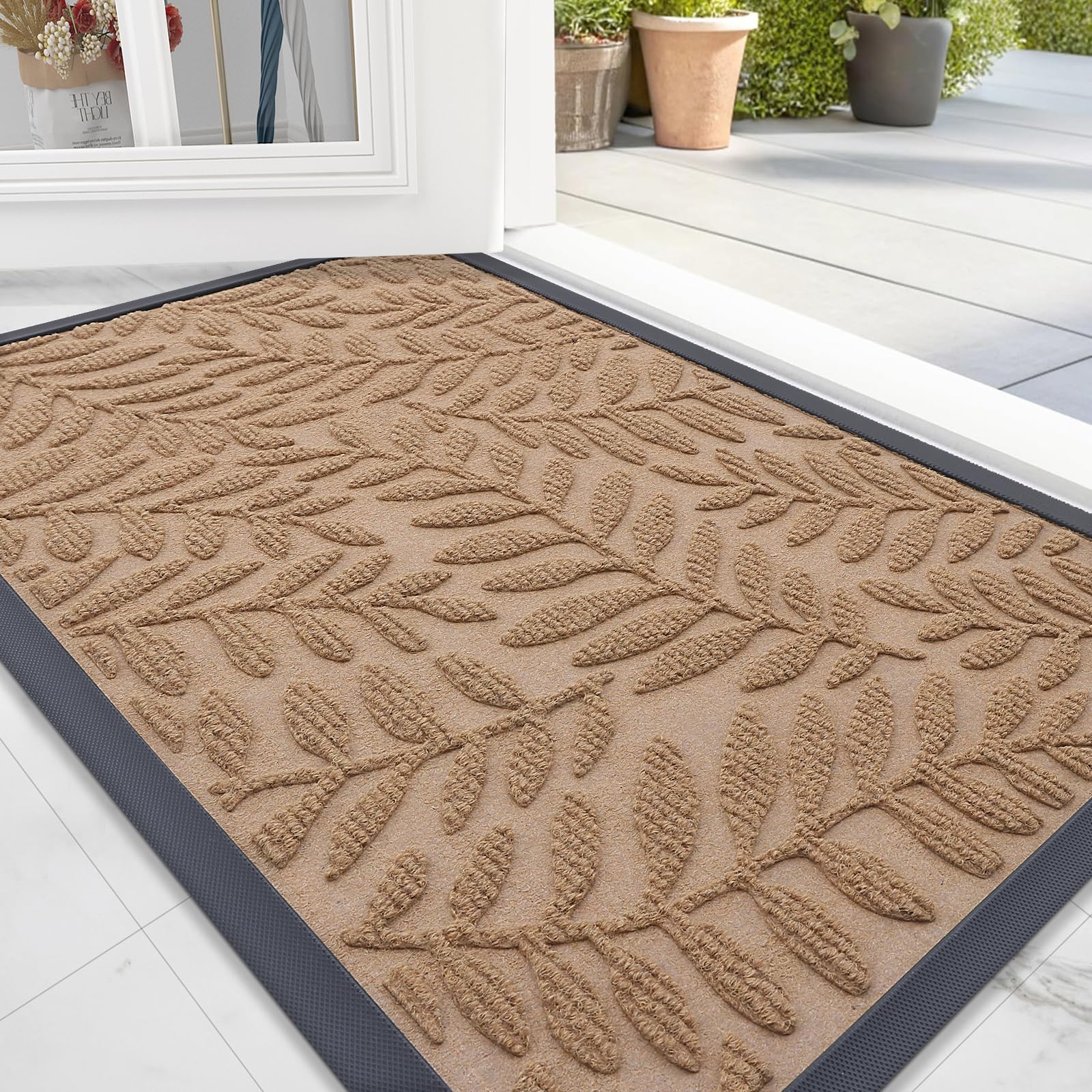 OLANLY Door Mat Indoor Outdoor Entrance 29.5x17, Heavy-Duty Rubber Doormat | Light Brown, Waterproof All-Weather All-Season, Stain and Fade Resistant, Low-Profile Floor Mat for Entryway, Easy to Clean