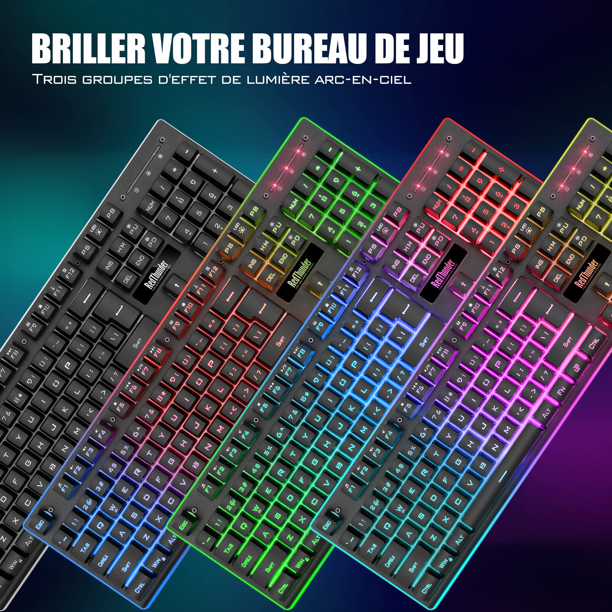 RedThunder K10 Ensemble Clavier et Souris Gaming sans Fil, AZERTY FRANÇAIS, Rétroéclairage LED 3800mAh Batteries Rechargeables, Clavier USB Anti-ghosting + Souris 7D 3200DPI pour PC Gamer Xbox(Noir)