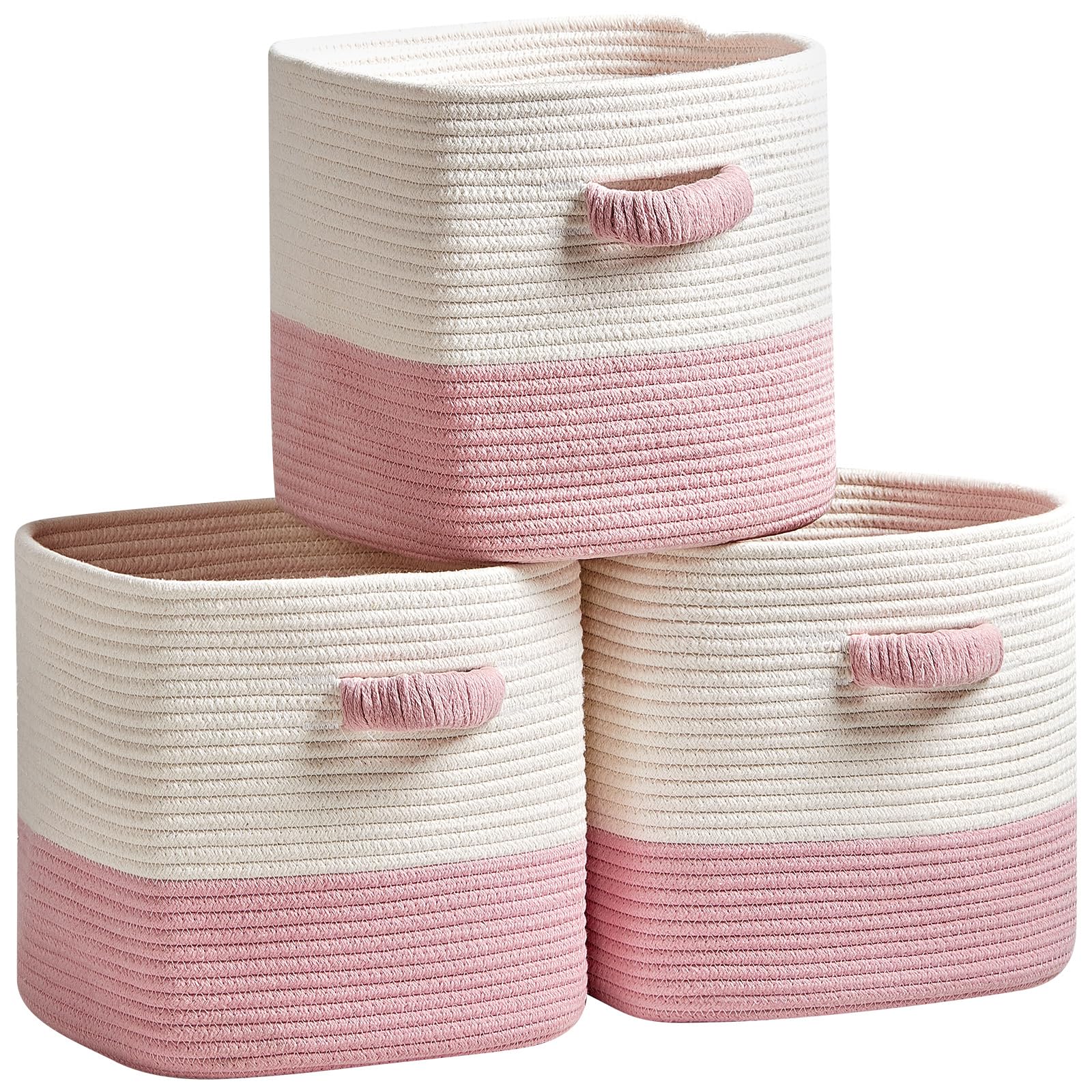 R RUNKA Storage Cube Baskets for Organizing 11 inch-3 Pack- Square Baskets for Cube Storage, Closet Storage Bins - Woven Cube Storage Bins for Shelves- Cube Drawer- Ideal for Toy Storage White & Pink