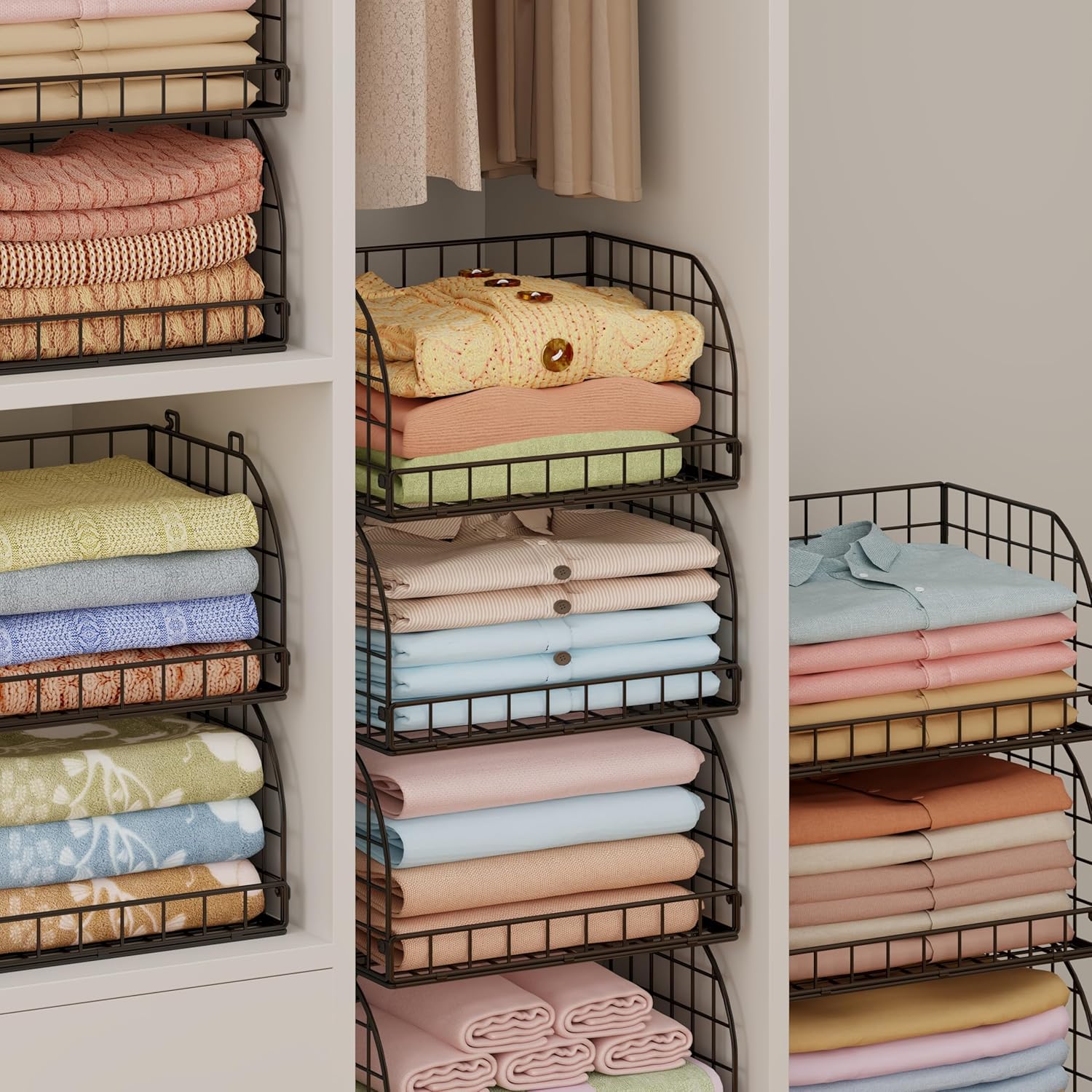 Extended Paragraph Stackable Storage Bins Closet Organizer，4-Pack Wire Baskets For Organizing，Closet Organizers And Storage，Closet Shelves And Open Home Storage Bins，Black，Clothes, Snacks, Toys Can Be