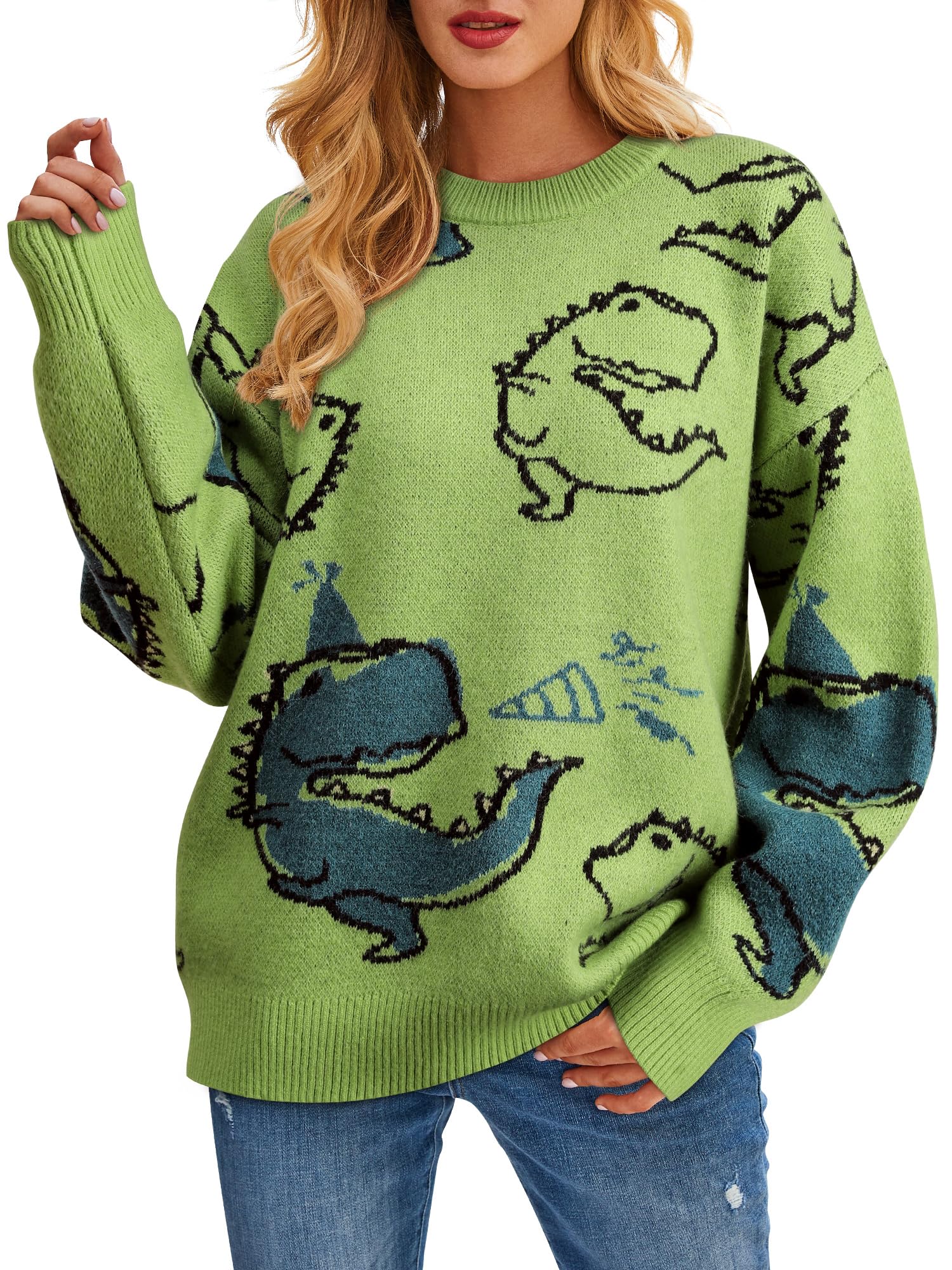 RMCMS Cute Dinosaur Graphic Pullover Sweaters for Women Long Sleeve Crewneck y2k Vintage Oversized Casual Knit Sweaters