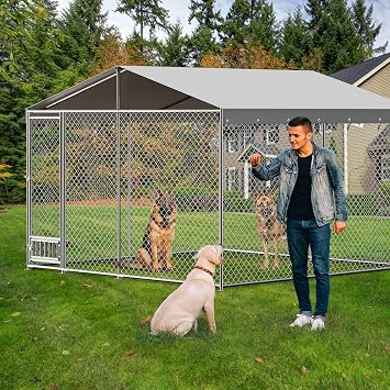 Outdoor Dog Kennel, 10 x 10 FT Heavy Duty Metal Dog Cage with Waterproof Cover Proof, Chain Link Large Dog House with Secure Lockable Door, Outside Dog Kennel for Backyard