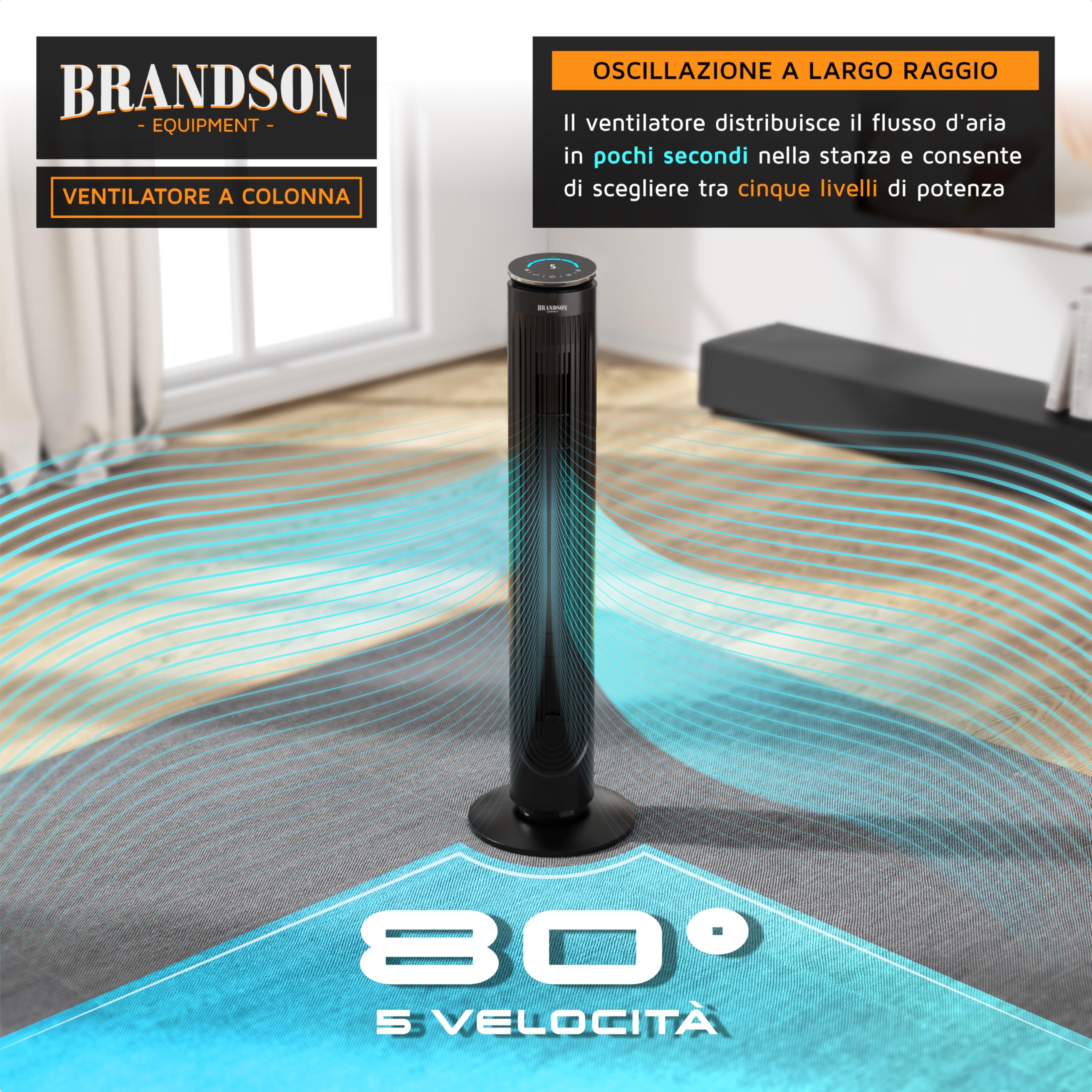Brandson - Ventilatore a torre con telecomando - vano aroma - molto silenzioso - oscillazione - timer - 4 modalità - 5 livelli di velocità - indicatore LED - nero