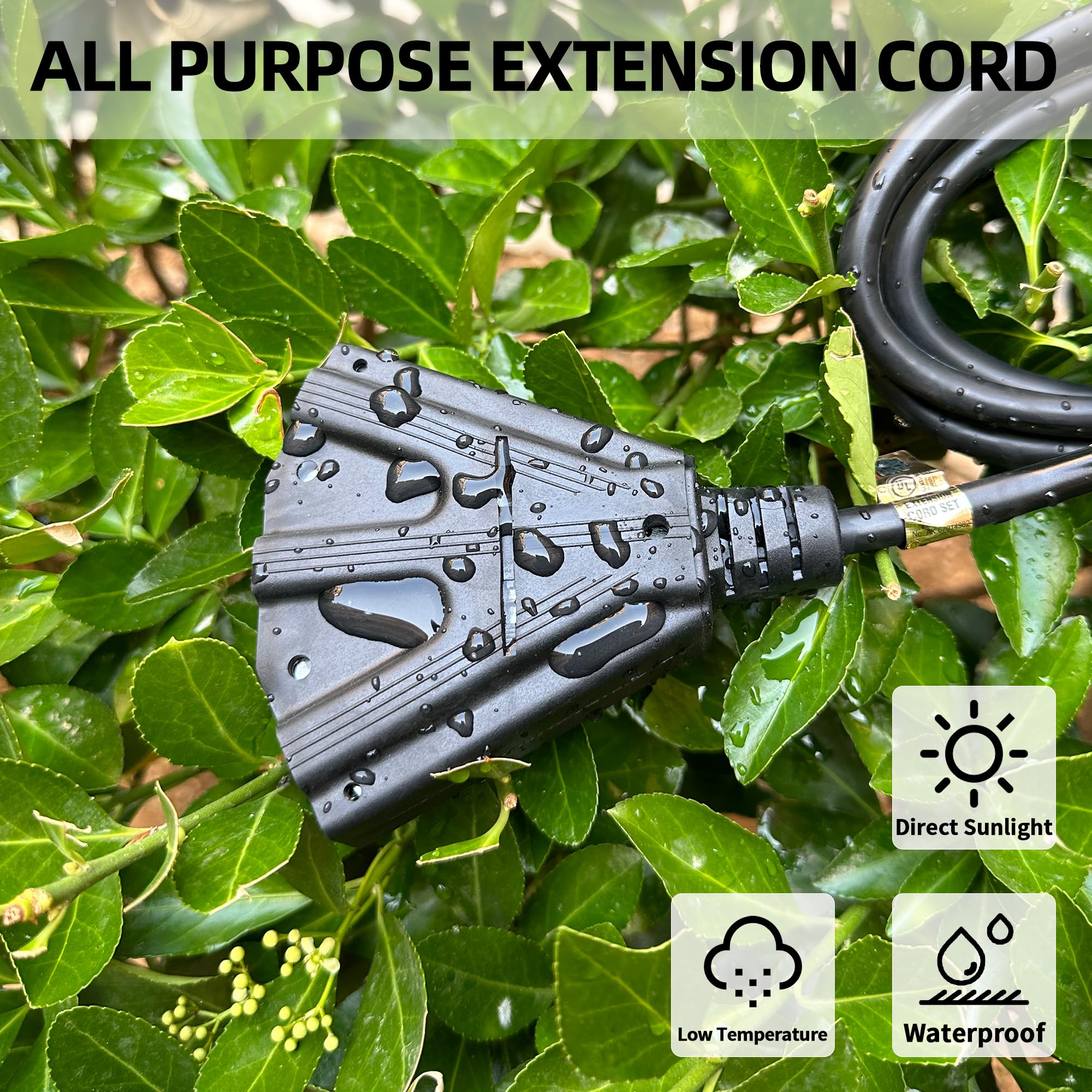 YOJOE - Cable de extensión negro de 30 pies con 3 tomas de corriente, cable de extensión impermeable SJTW de 16/3 con enchufe de tierra de 3 puntas para decoración de patio al aire última