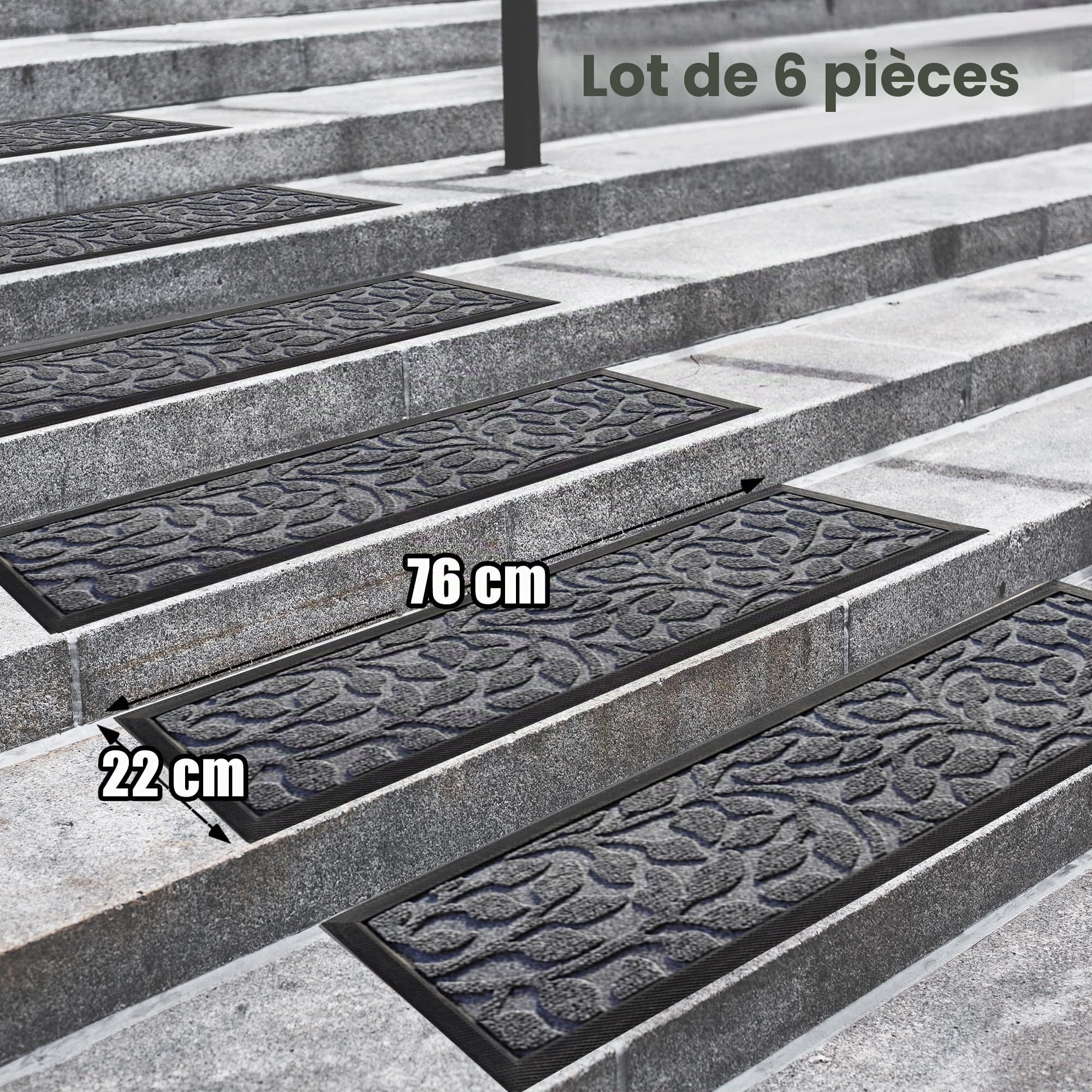 Aucuda Lot de 6 tapis d'escalier d'extérieur en caoutchouc, 76 x 22 cm, résistants aux intempéries et antidérapants, isolation thermique, tapis antidérapant pour extérieur, tapis d'escalier gris à