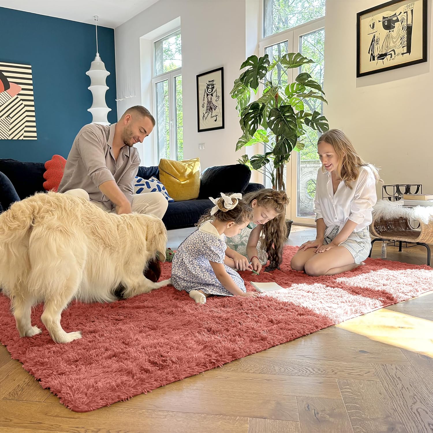 OLANLY 3x5 Machine Washable Small Bedside Rug, Soft Fluffy Shaggy Rugs for Living Room, Bedroom, Indoor Floor Carpet for Kids Girls and Boys, Preppy Dorms, Nursery, Home Decor Aesthetic, Rust Red