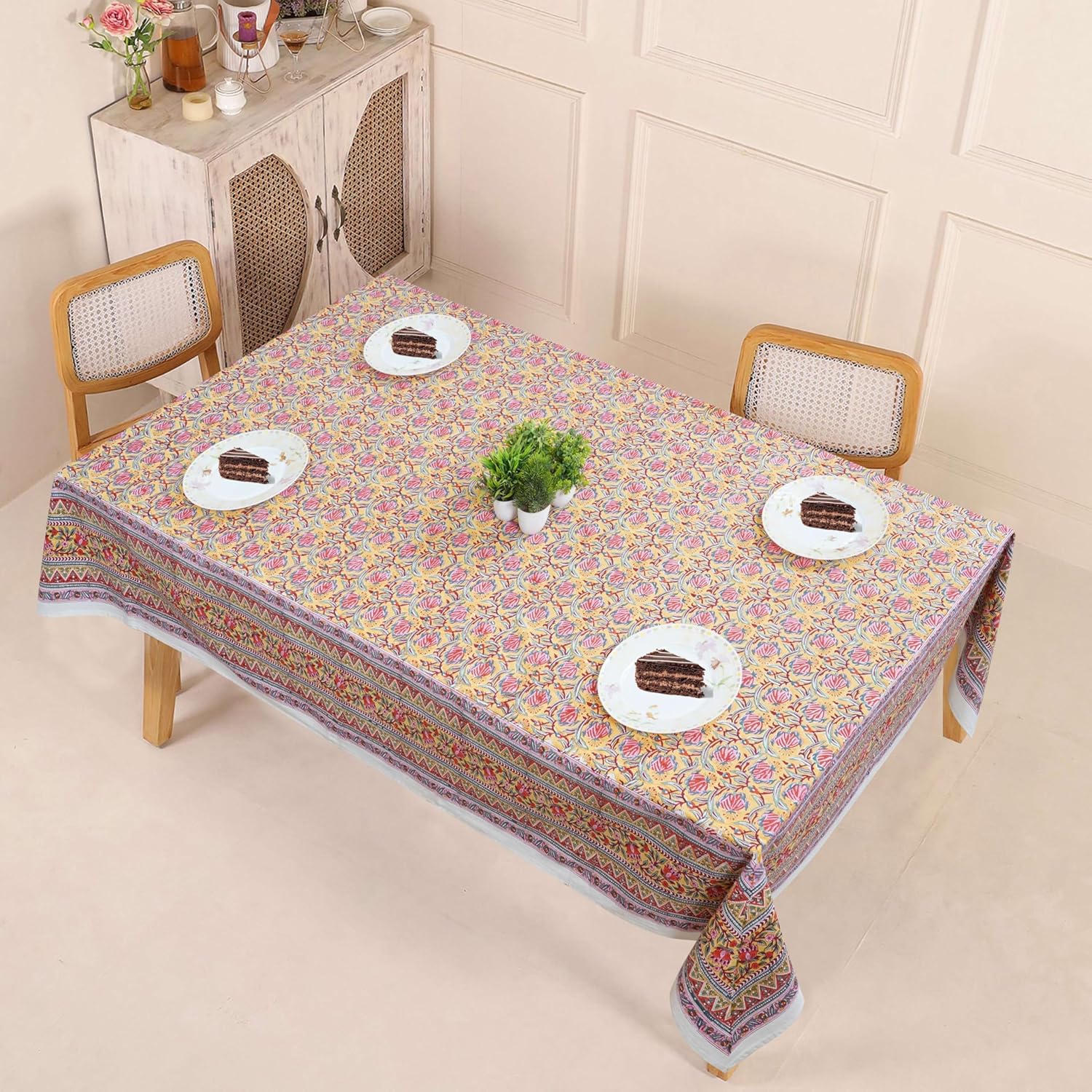Handblock Print Cotton Tablecloth – 70×130 Rectangular Table Cover Seats 8-10 – Indian Block Printed Floral Dining Table Linen – Boho Washable Cloth for Kitchen, Party, Outdoor, Yellow
