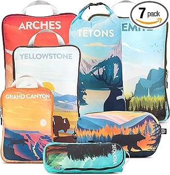 Large Compression Packing Cubes for Travel-Packing Cube Luggage Organizers 7 Piece Set for Checked Luggage-Ultralight, Expandable/Compression Bags by TRIPPED Travel Gear (National Parks)