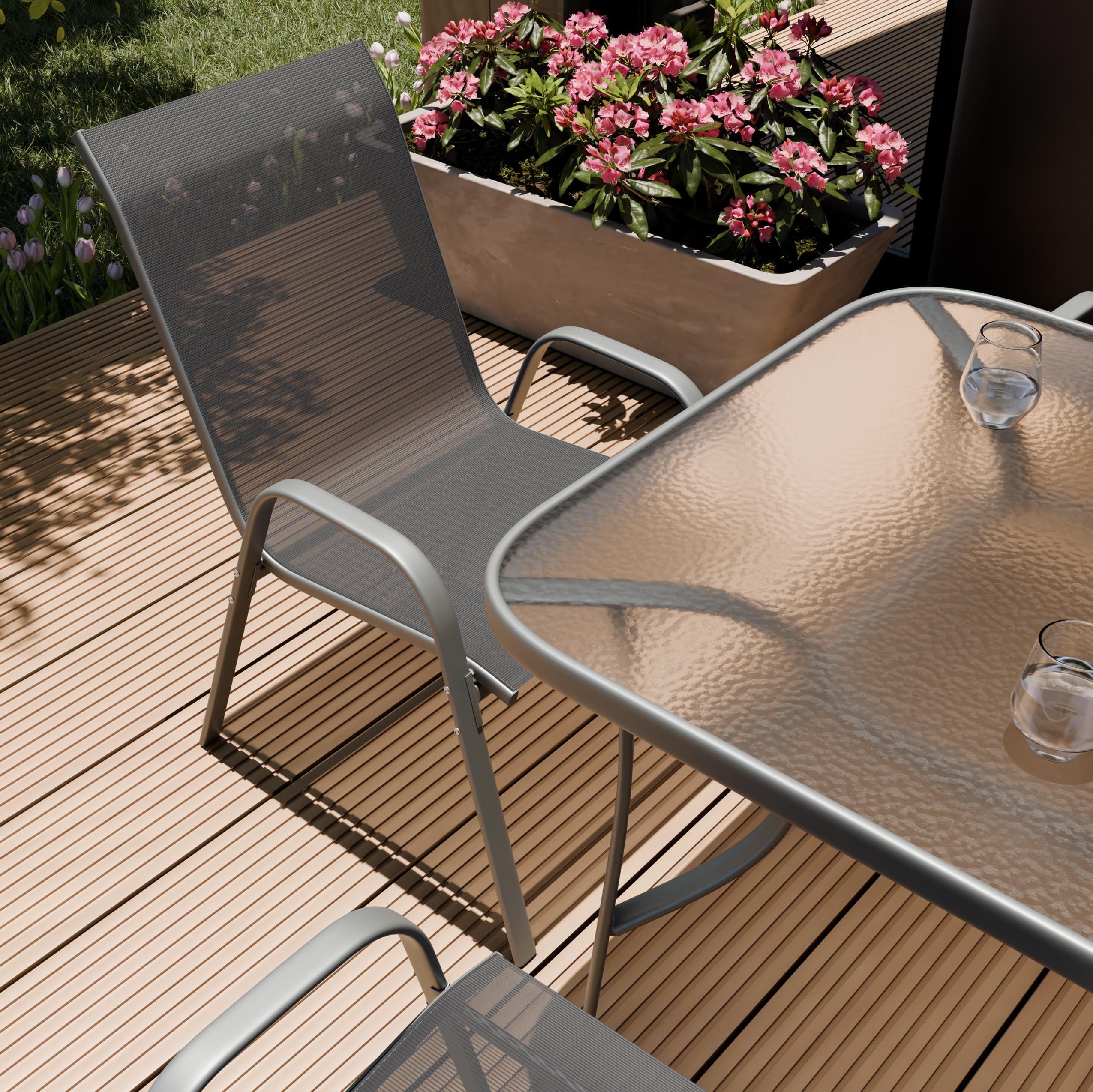ZENJOY, Kindly, Gartenmöbel Set mit 6 Stühlen, Gartenmöbel Set, 150x90cm Glastisch mit Loch für einen Regenschirm, Stapelbare Textilene-Stühle, Wetterfest, UV-beständig, Grau