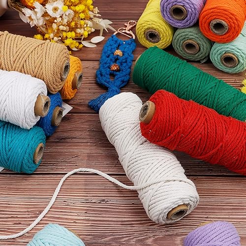 Miniatura 5 de JeogYong Cuerda de macramé de 0.118 in, hilo de algodón de 164 yardas, para manualidades de tejer, tejer, juego de 3 cuerdas de macramé de colores