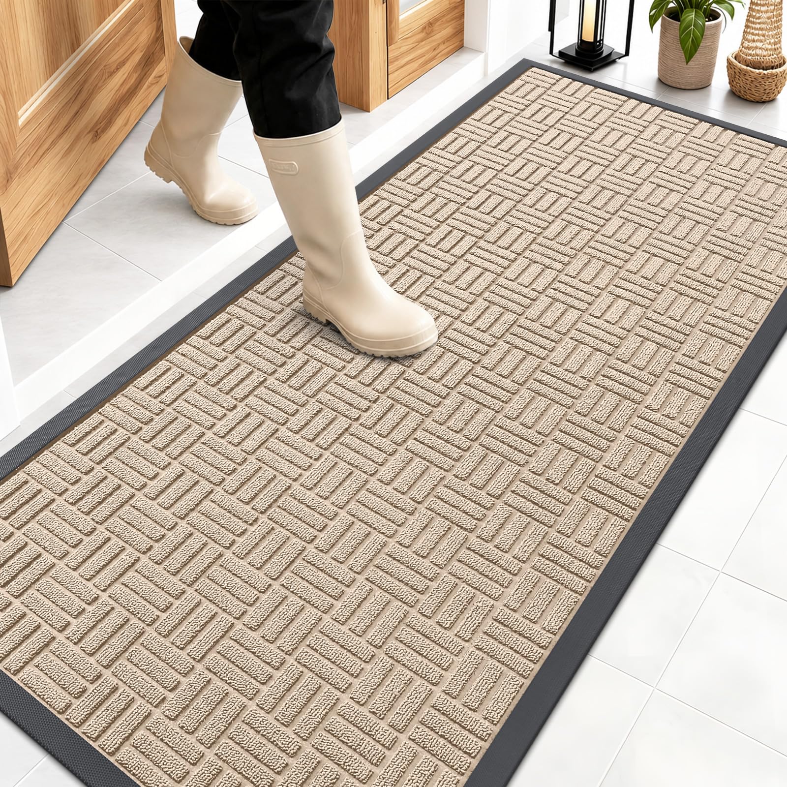 OLANLY Front Door Mat Outside Entrance 59x23, Absorbent, Heavy Duty Sturdy Natural Rubber Doormat Indoor Outdoor, Non-Slip, Stain and Fade Resistant, Low Profile Floor Mat for Entryway, Latte White