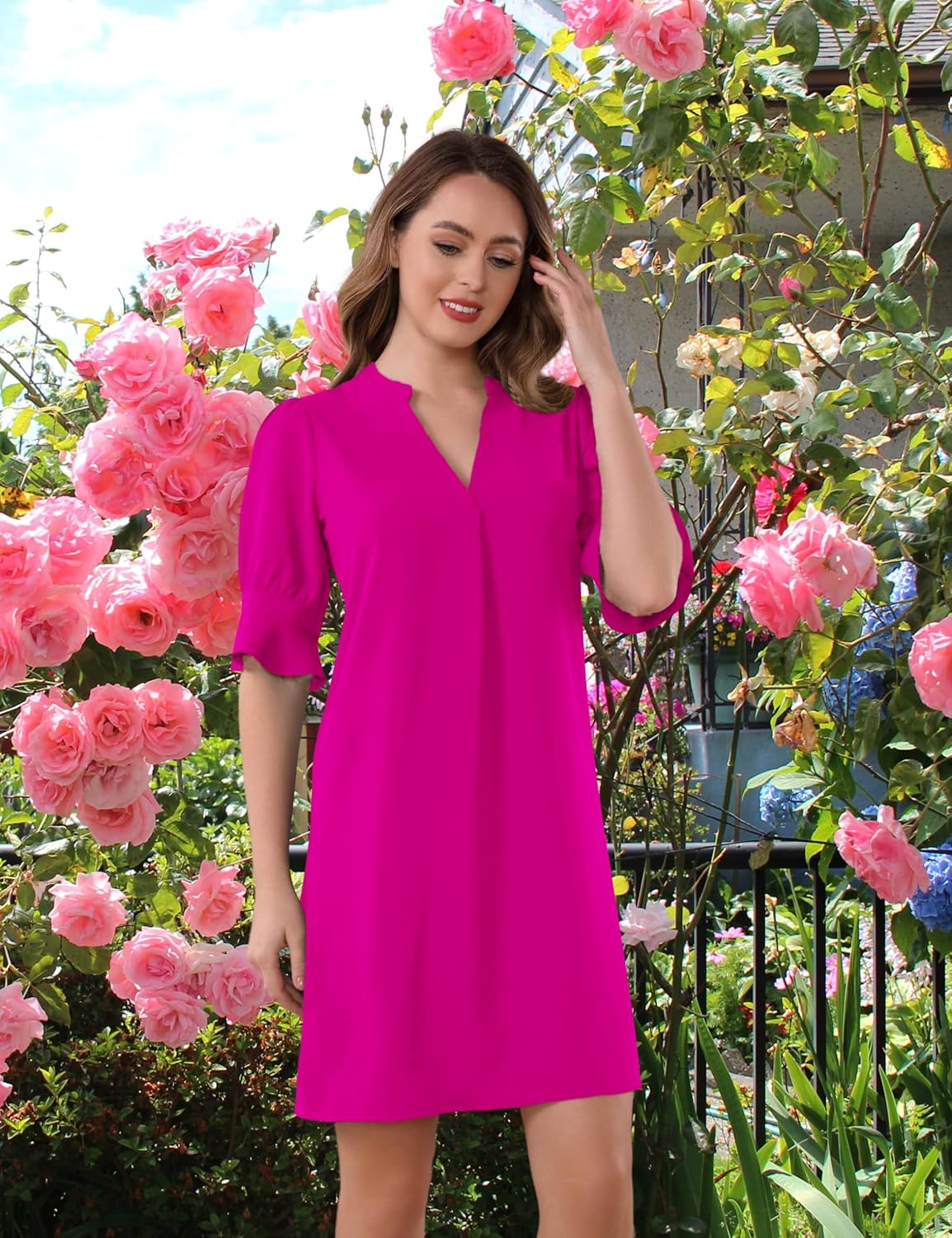 Aphratti Women's Shift Dress Short Sleeve V Neck Flowy Cute Casual Spring Summer Dresses - Image 4