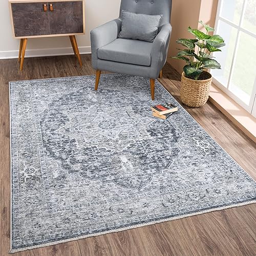 Bloom Rugs Alfombra Caria lavable, antideslizante, de 3 x 5 pies, color grisazul oscuro, alfombra tradicional para sala de estar, dormitorio,
