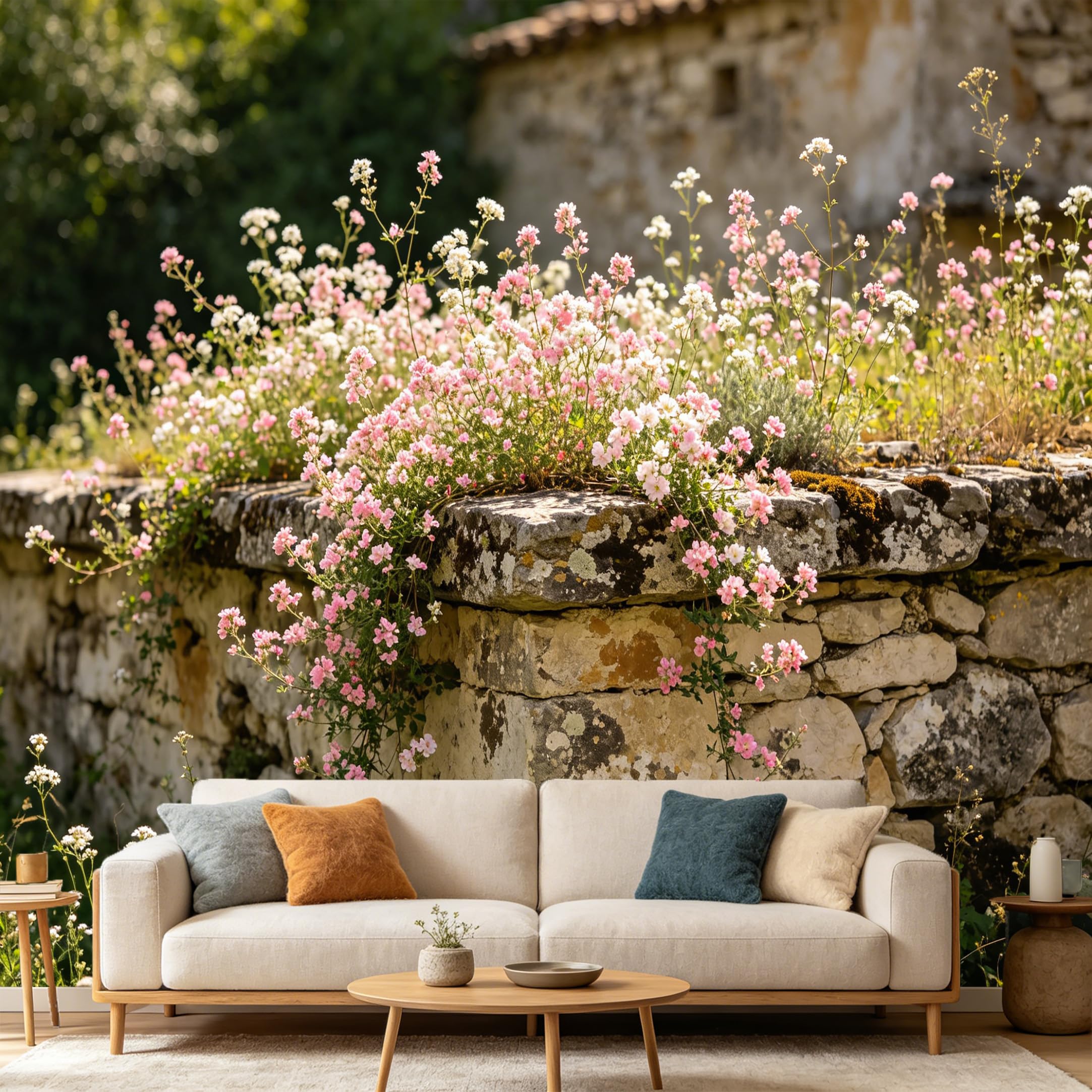 Custom Size Wall Mural Farmhouse Botanical Wildflower Stone Wall Landscape SelfAdhesive Art Prints wall Fabric（No PVC） Removable Wallpaper Home Bedroom Decor