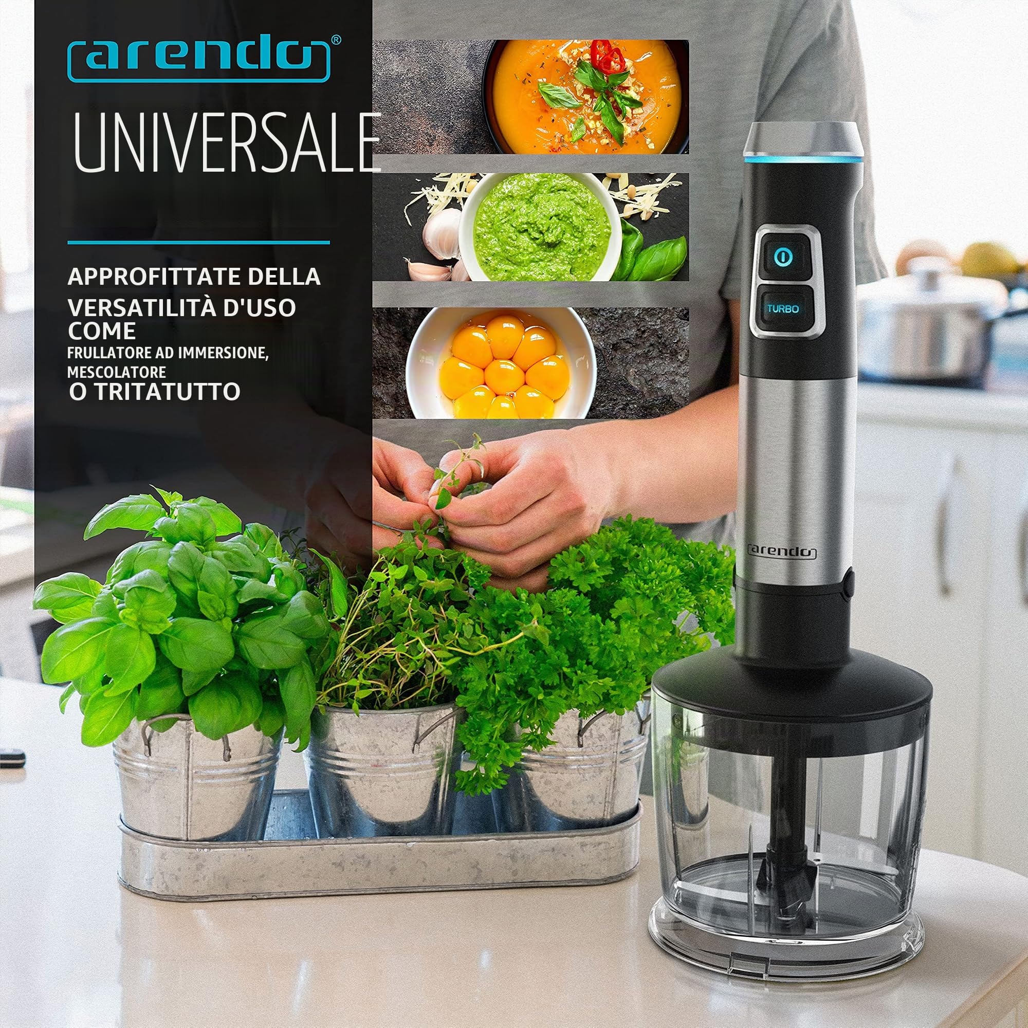 Arendo - Frullatore a immersione in acciaio inox da 1200 Watt - Frullatore ad immersione - Velocità continua - Coltello a 4 ante - Misurino da 800 ml - frusta