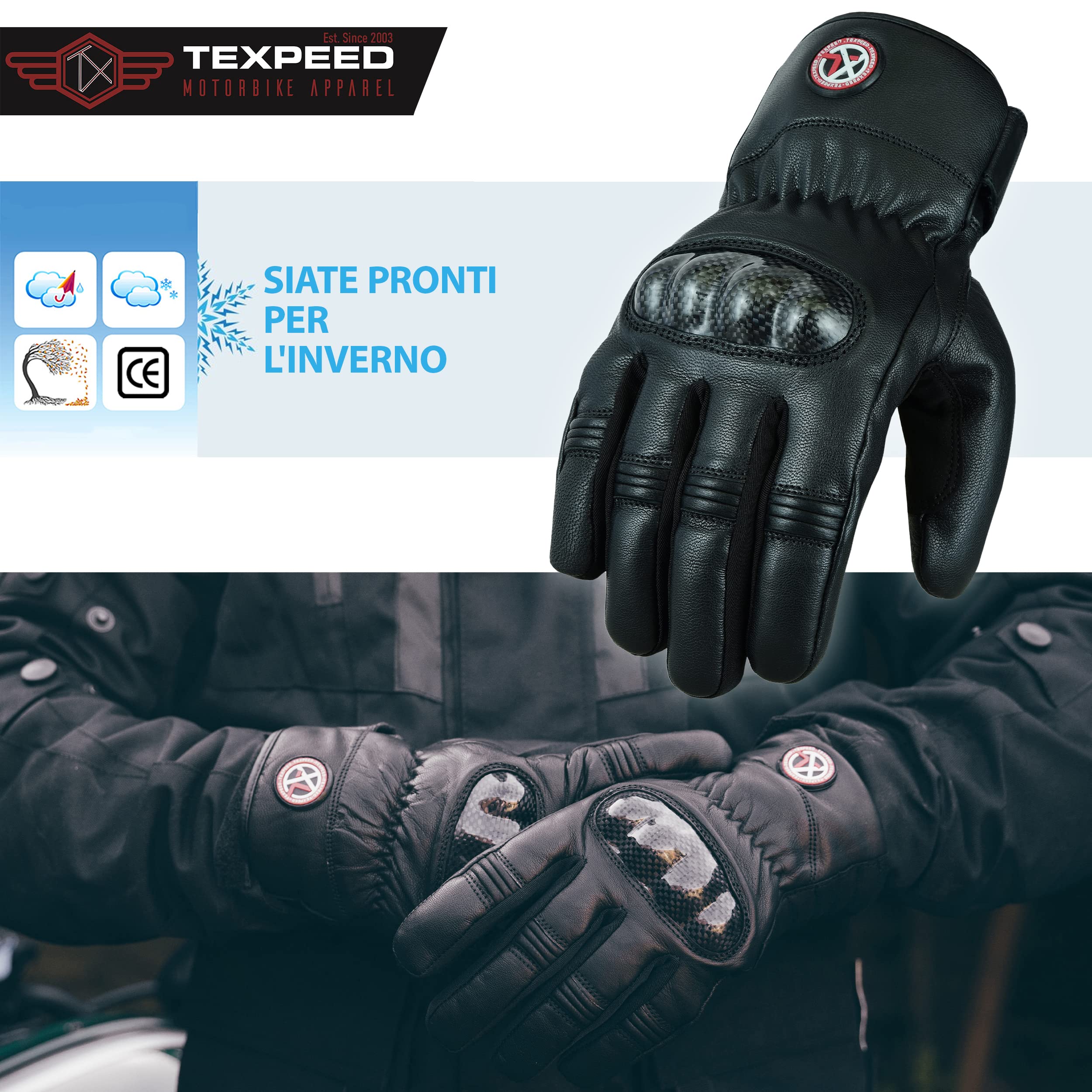 Texpeed Guanti Vera Pelle Moto Uomo - Guanti Da Ciclomotore Impermeabili Con Armatura CE - Inverno o estate - Nero - Polsino cortot - XL