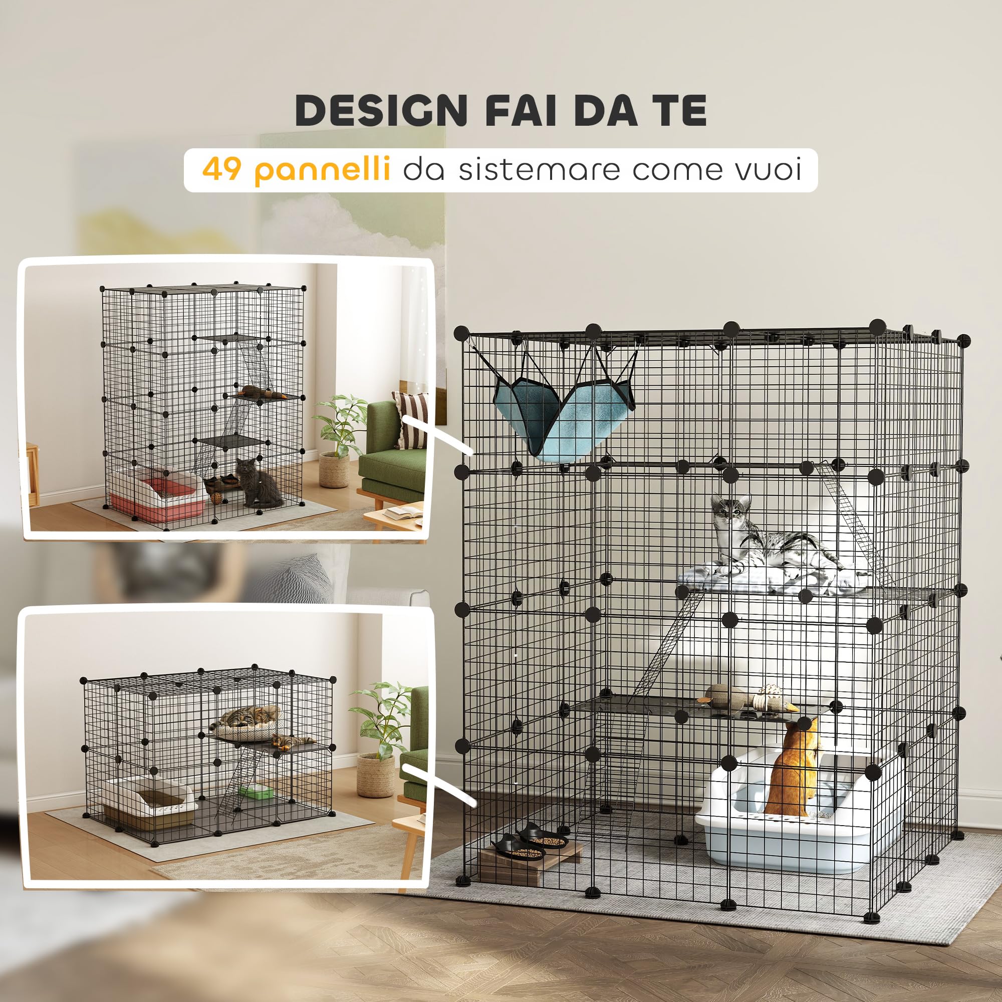 PawHut Gabbia per Gatti Modulabile a 4 Livelli con Rampe, 3 Piattaforme di Salto e 5 Porte, Casetta per Gatti con Tappetini Antiscivolo e Amaca in Acciaio e PP, per 1-3 Gatto, 105x105x140 cm, Nero