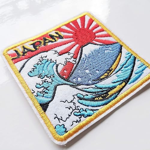 Miniatura 2 de Parche Japón Sunrise Parches La Gran Ola de Kanagawa Bordado Insignia Hierro Sobre Coser Emblema, Rojo -